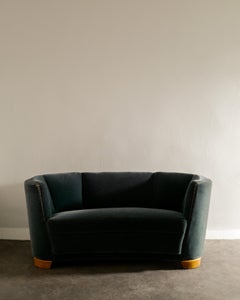 Swedish Mid Century Modern Curved Sofa in Dark Green Velvet Upholstery, 1930s