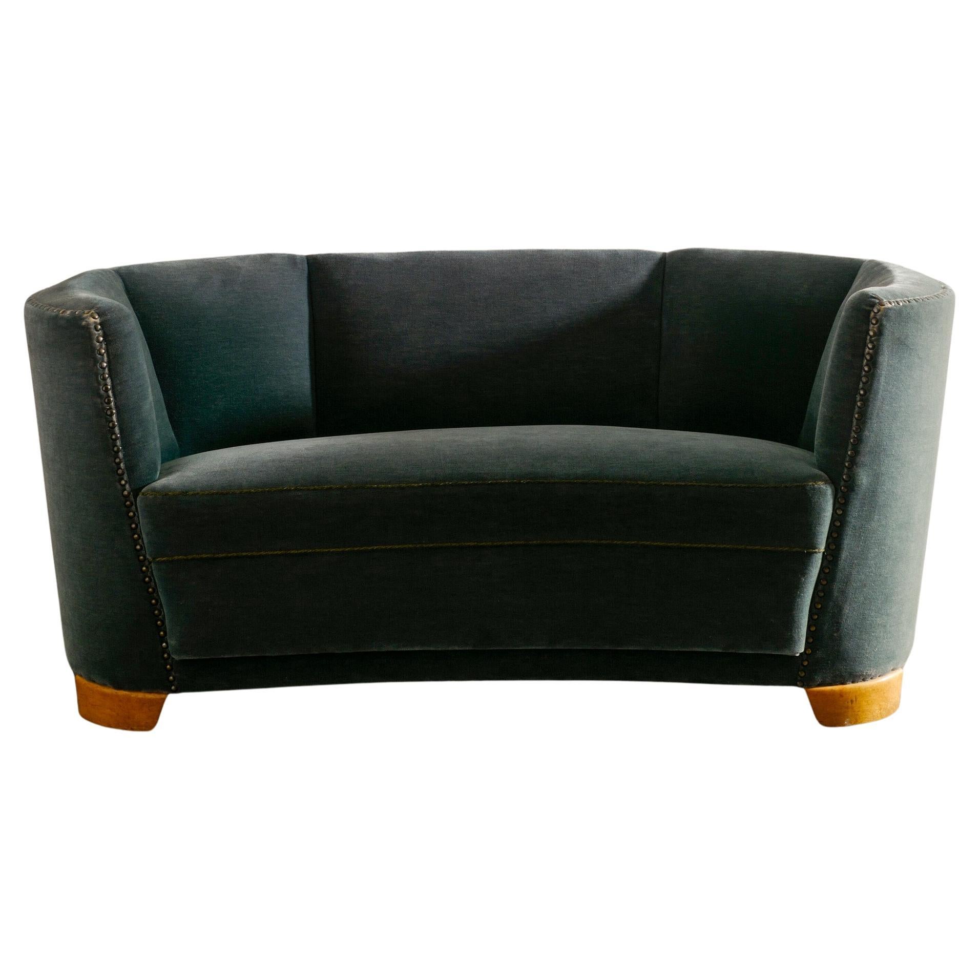 Swedish Mid Century Modern Curved Sofa in Dark Green Velvet Upholstery, 1930s  For Sale
