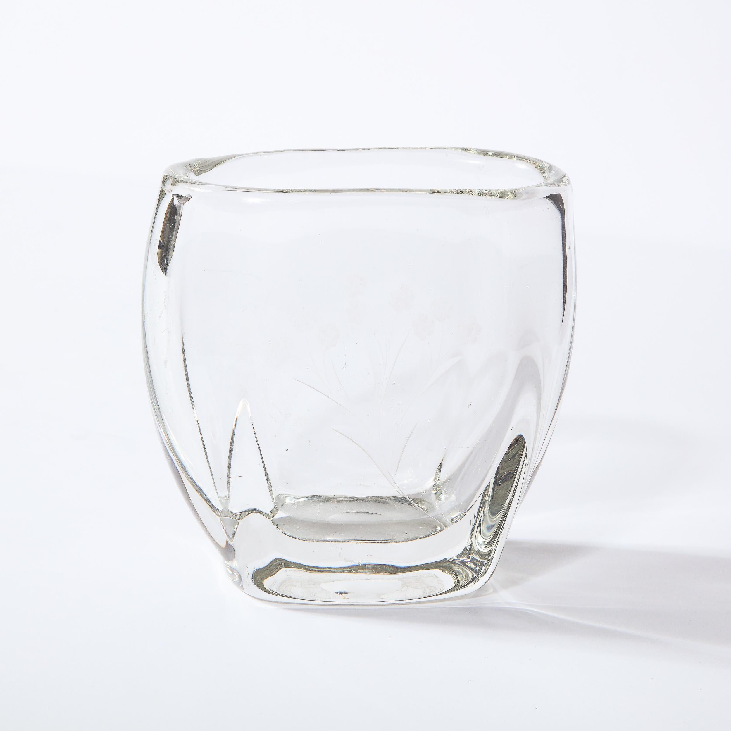 Glass Swedish Mid-Century Modern Etched & Frosted Translucent Vase with Floral Motif For Sale