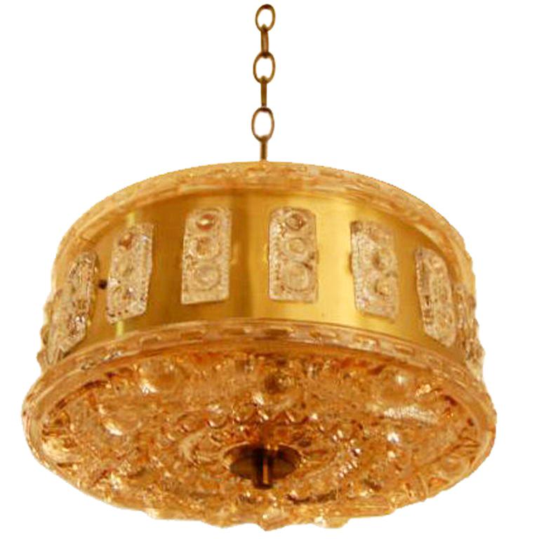 Swedish Mid-Century Modern Glass and Brass Pendant Chandelier For Sale