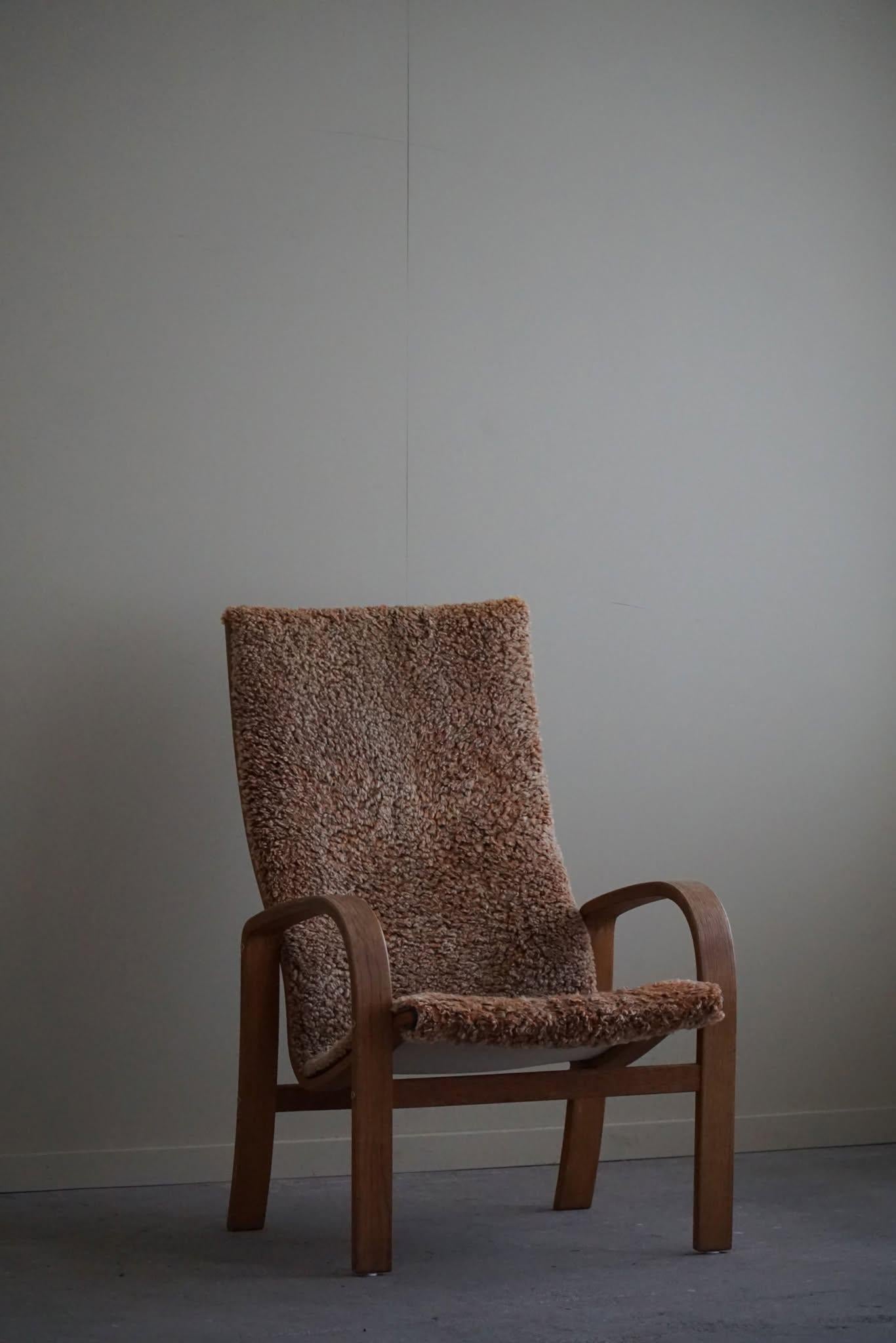 Sillón Highback Sueco Moderno de Mitad de Siglo en Roble y Lana de Cordero, Años 60 en venta 4