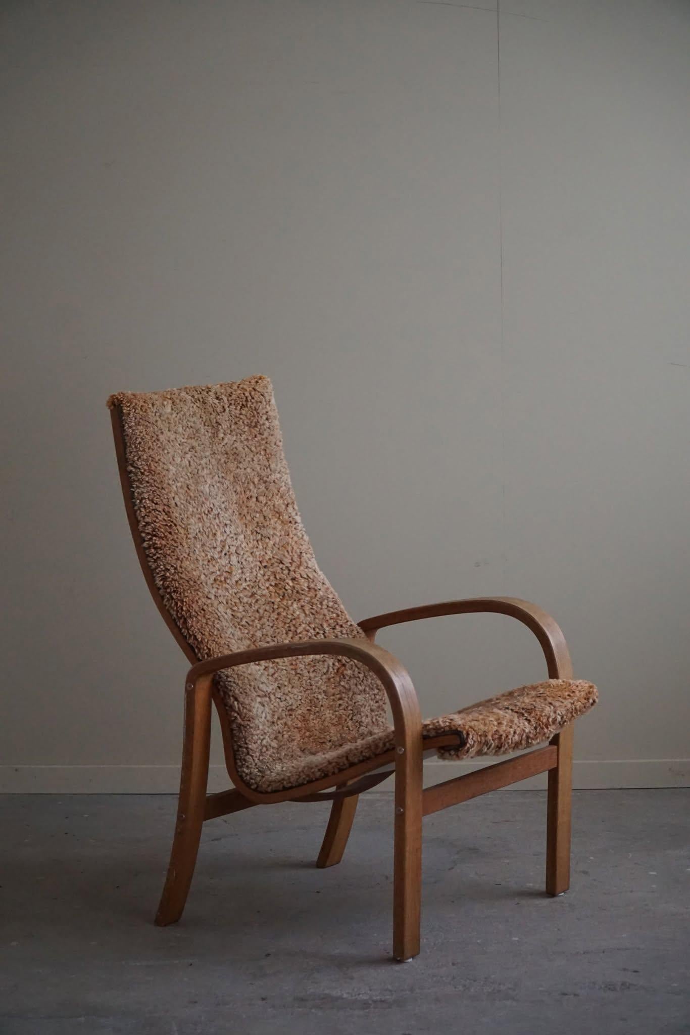 Sillón Highback Sueco Moderno de Mitad de Siglo en Roble y Lana de Cordero, Años 60 Corderillo en venta