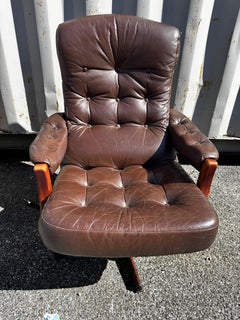 Swedish Mid Century Modern Leather Tufted Swivel Adjustable Armchair