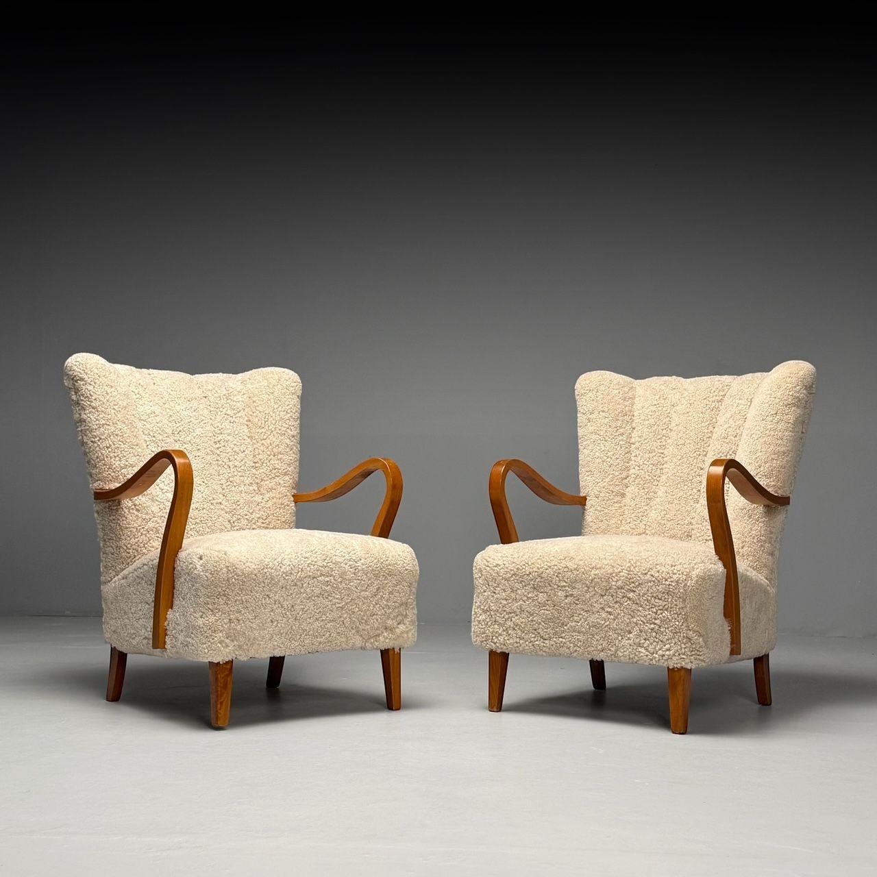 Mid-20th Century Swedish Mid-Century Modern, Lounge Chairs, Beige Sheepskin, Oak, Sweden, 1940s