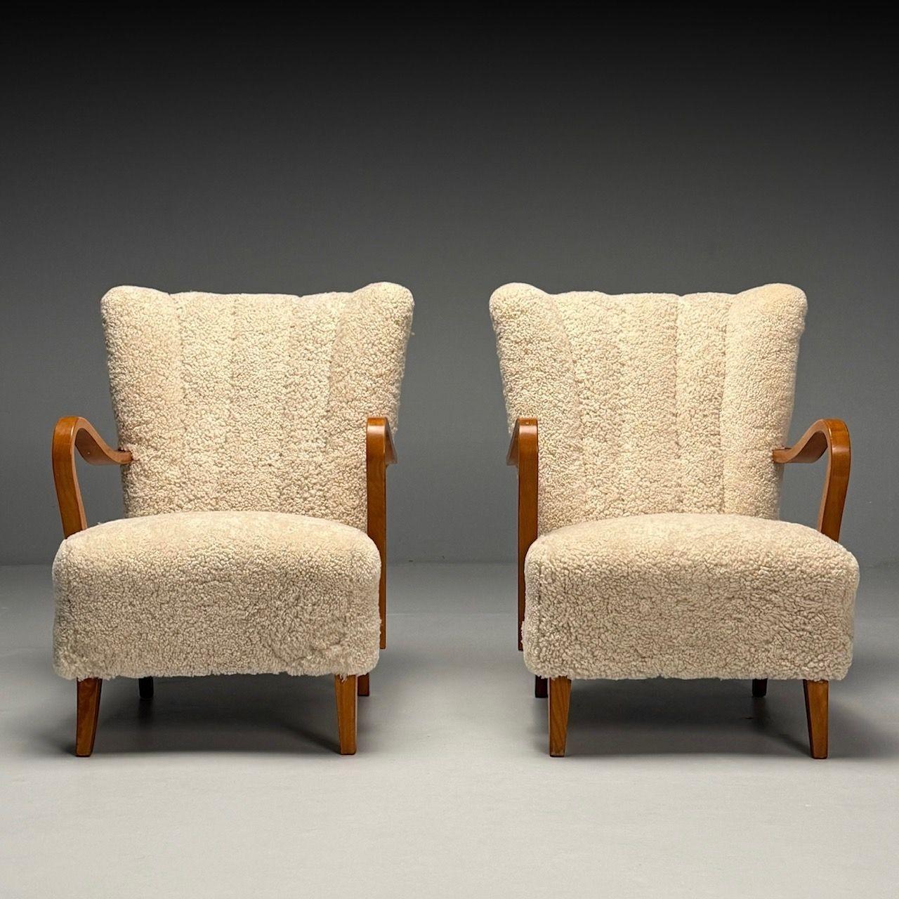 Swedish Mid-Century Modern, Lounge Chairs, Beige Sheepskin, Oak, Sweden, 1940s 1