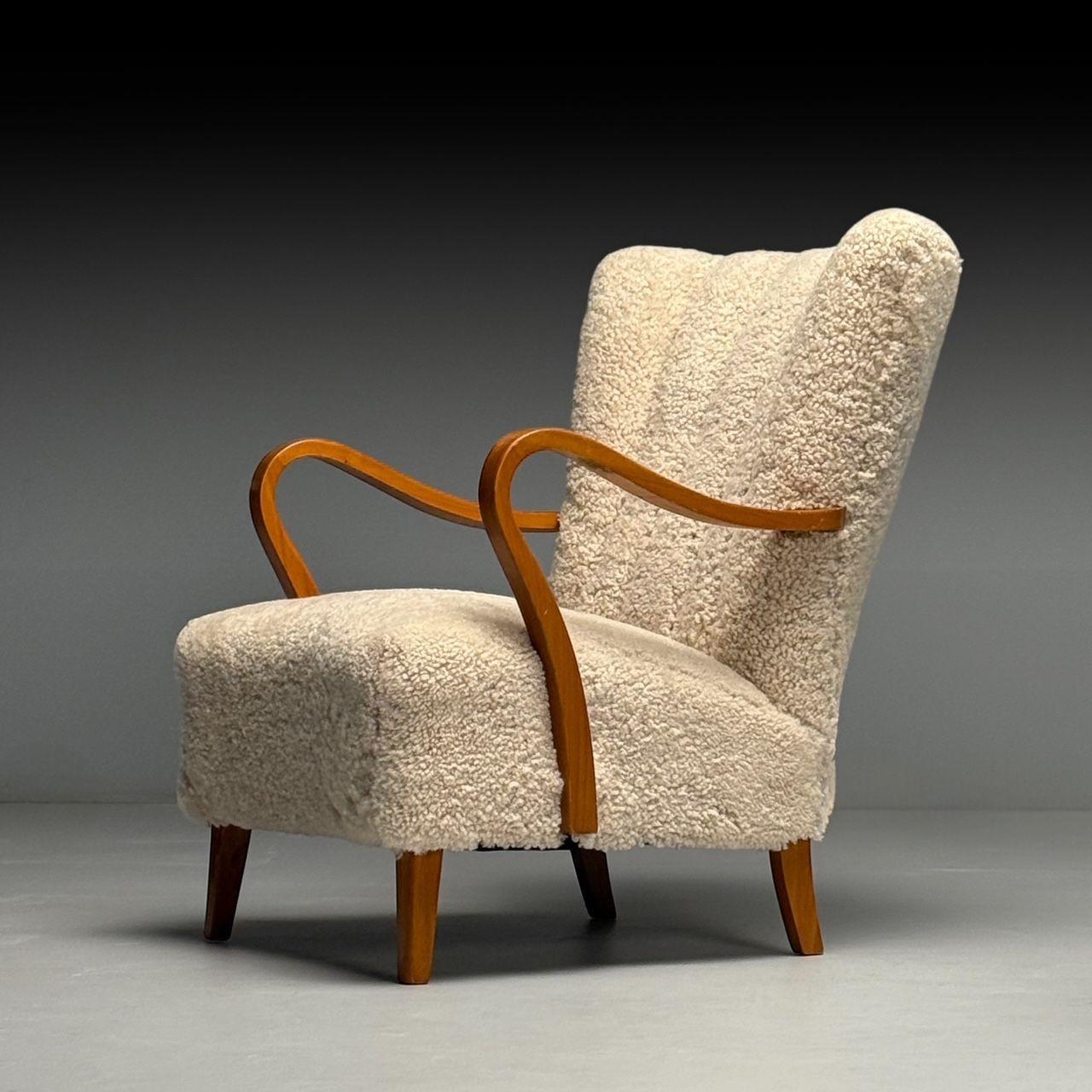 Swedish Mid-Century Modern, Lounge Chairs, Beige Sheepskin, Oak, Sweden, 1940s 2