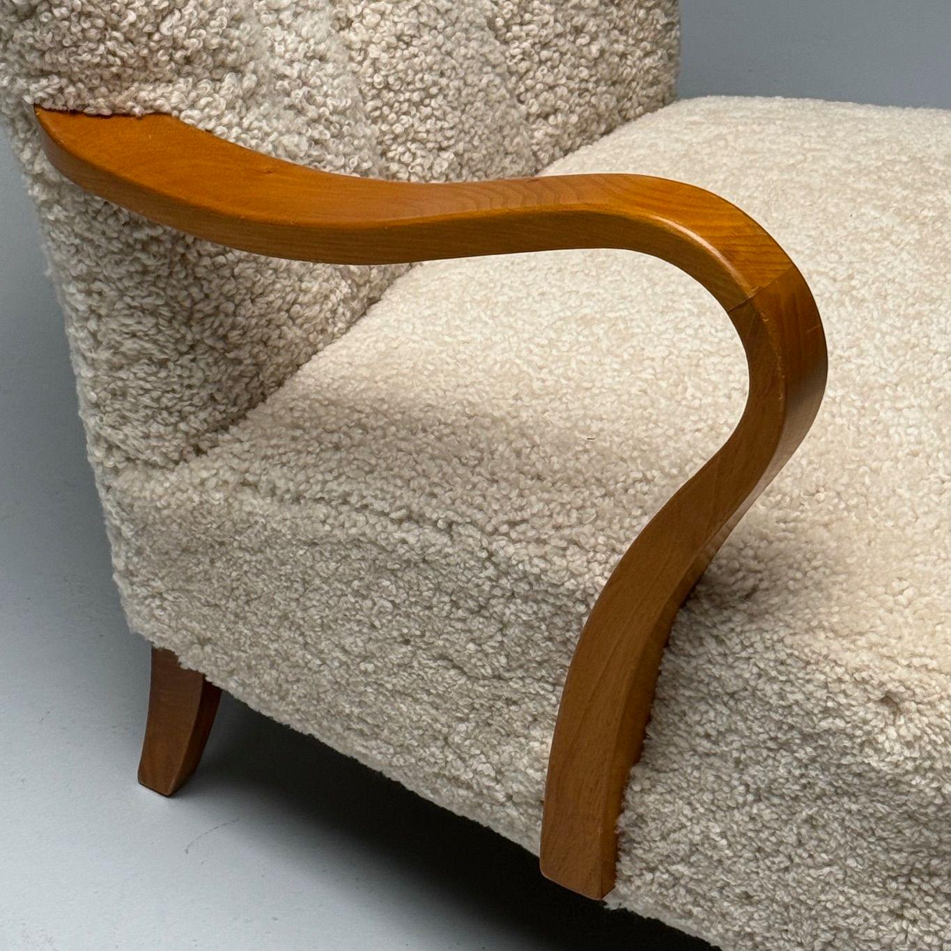 Swedish Mid-Century Modern, Lounge Chairs, Beige Sheepskin, Oak, Sweden, 1940s 4