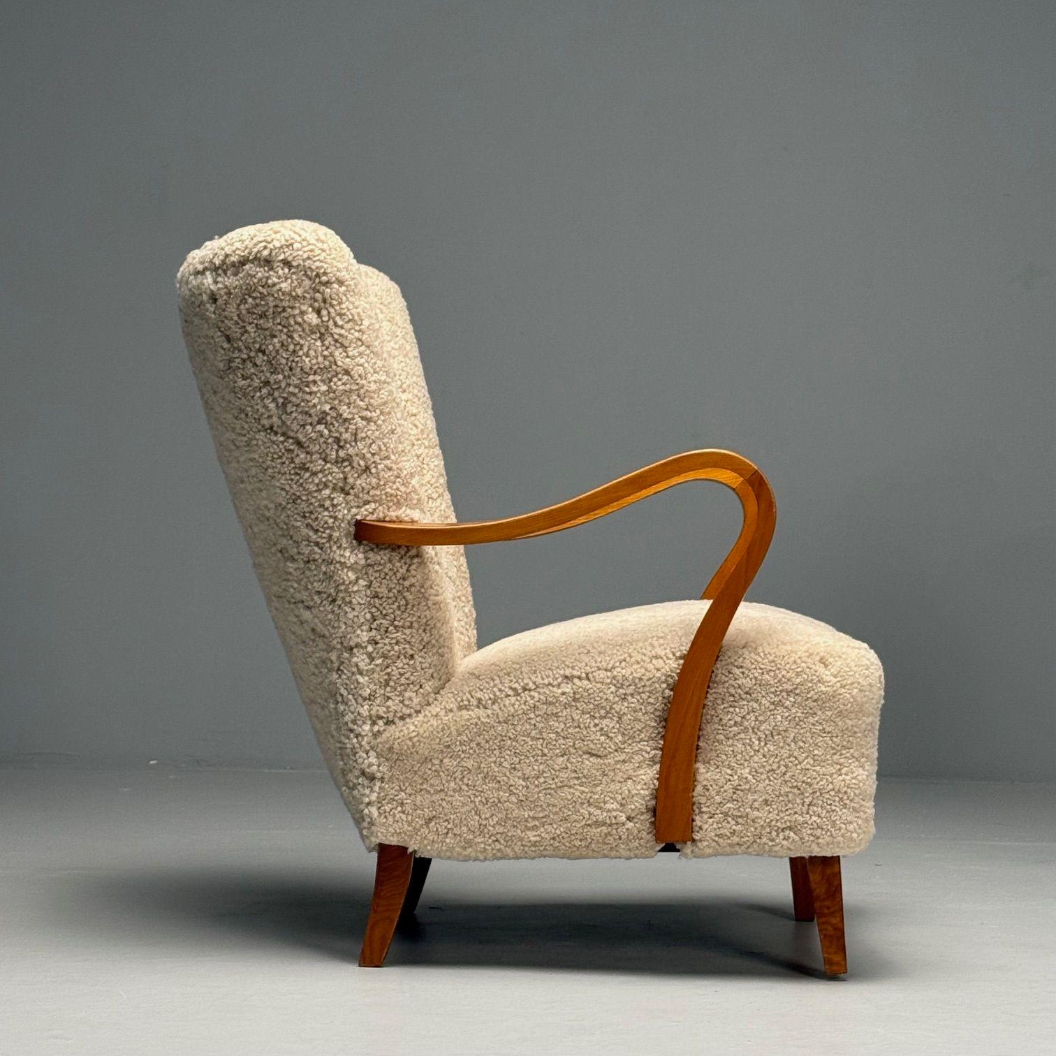 Swedish Mid-Century Modern, Lounge Chairs, Beige Sheepskin, Oak, Sweden, 1940s 5