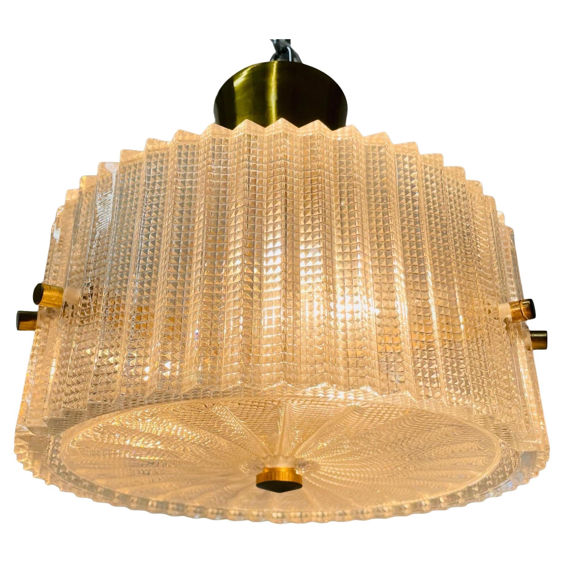 Swedish Mid-Century Modern Pendant / Chandelier, Glass and Brass, Carl Fagerlund For Sale