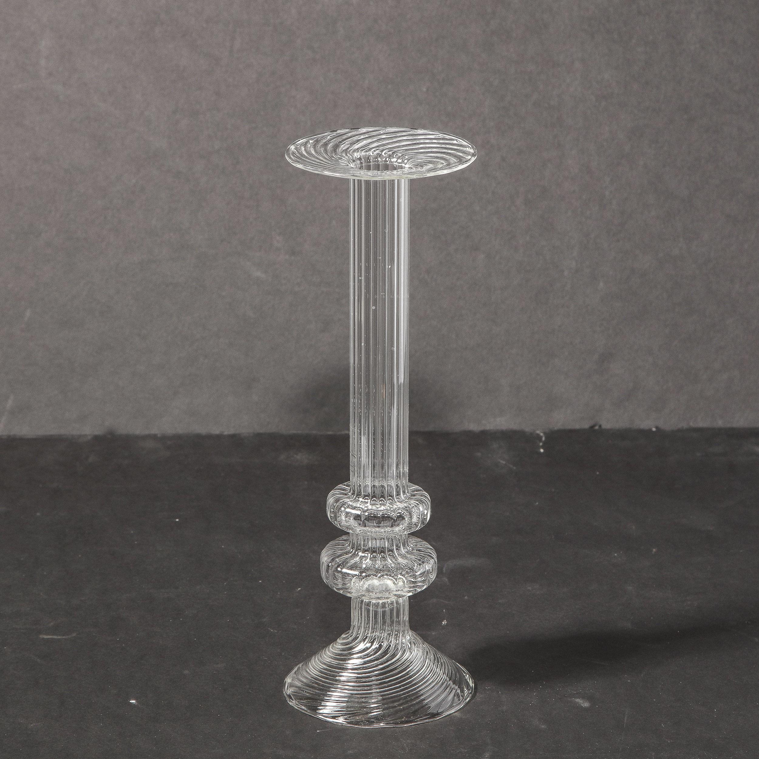 Swedish Mid-Century Modern Sculptural Translucent Channeled Glass Candlestick For Sale 8