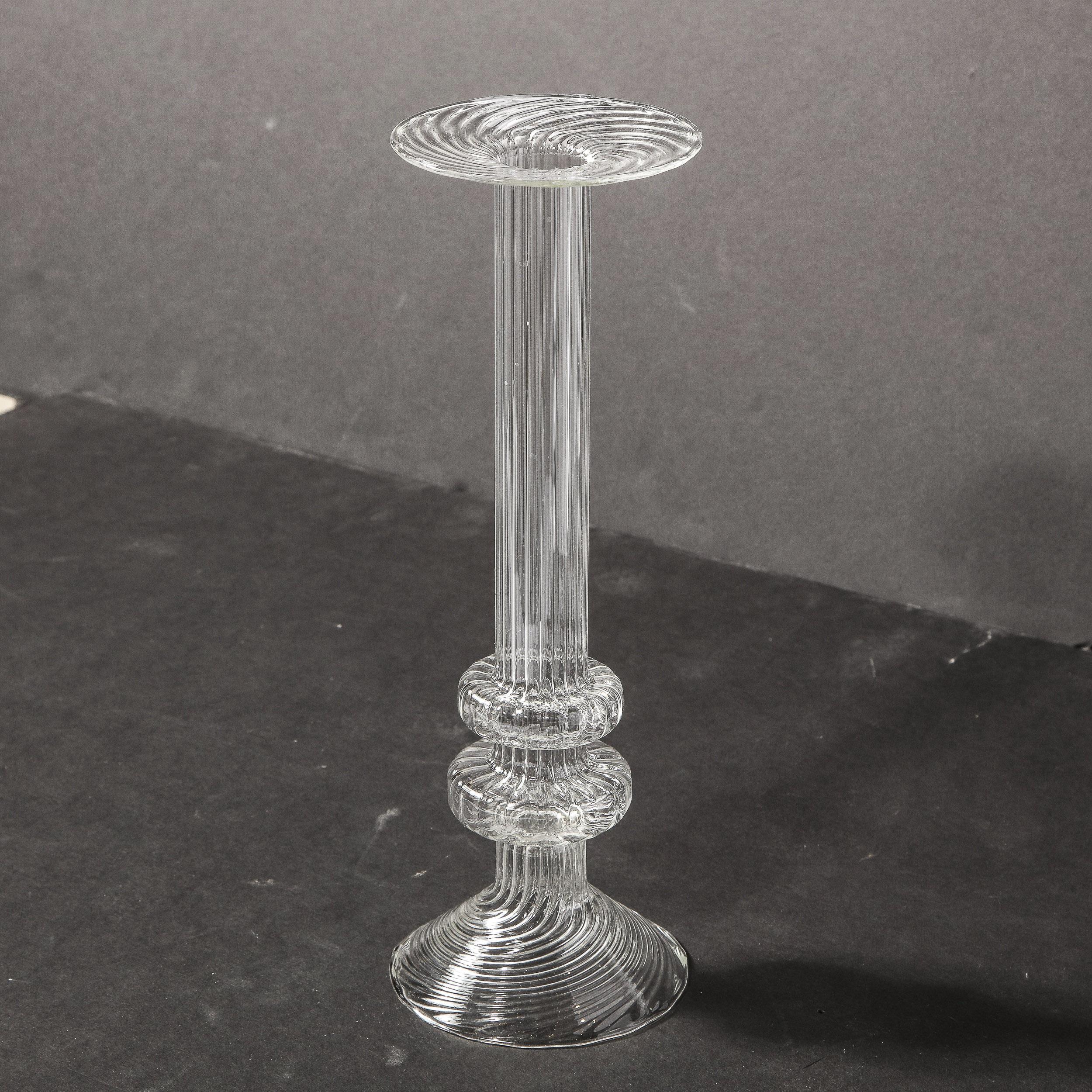 Swedish Mid-Century Modern Sculptural Translucent Channeled Glass Candlestick For Sale 13