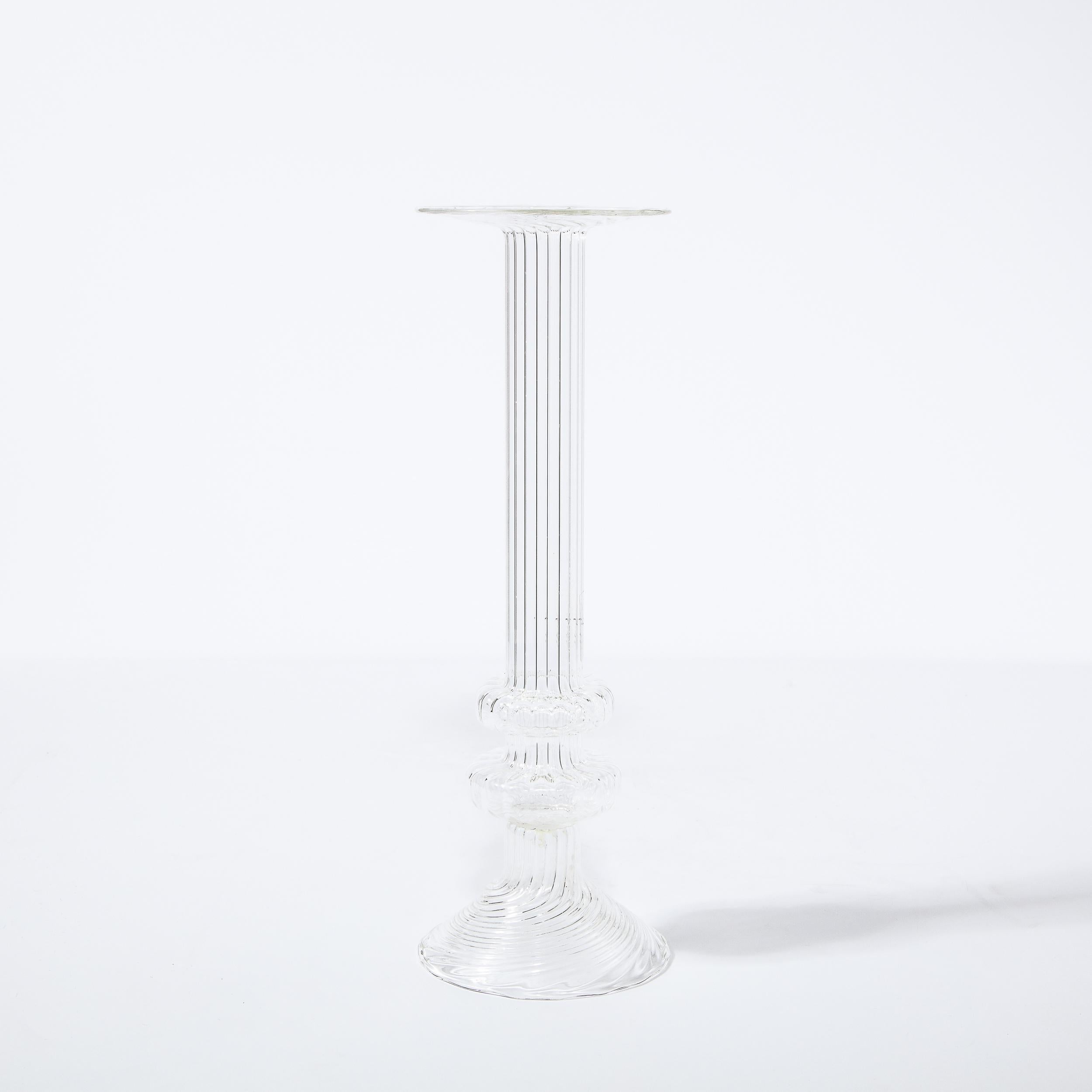 Swedish Mid-Century Modern Sculptural Translucent Channeled Glass Candlestick In Excellent Condition For Sale In New York, NY