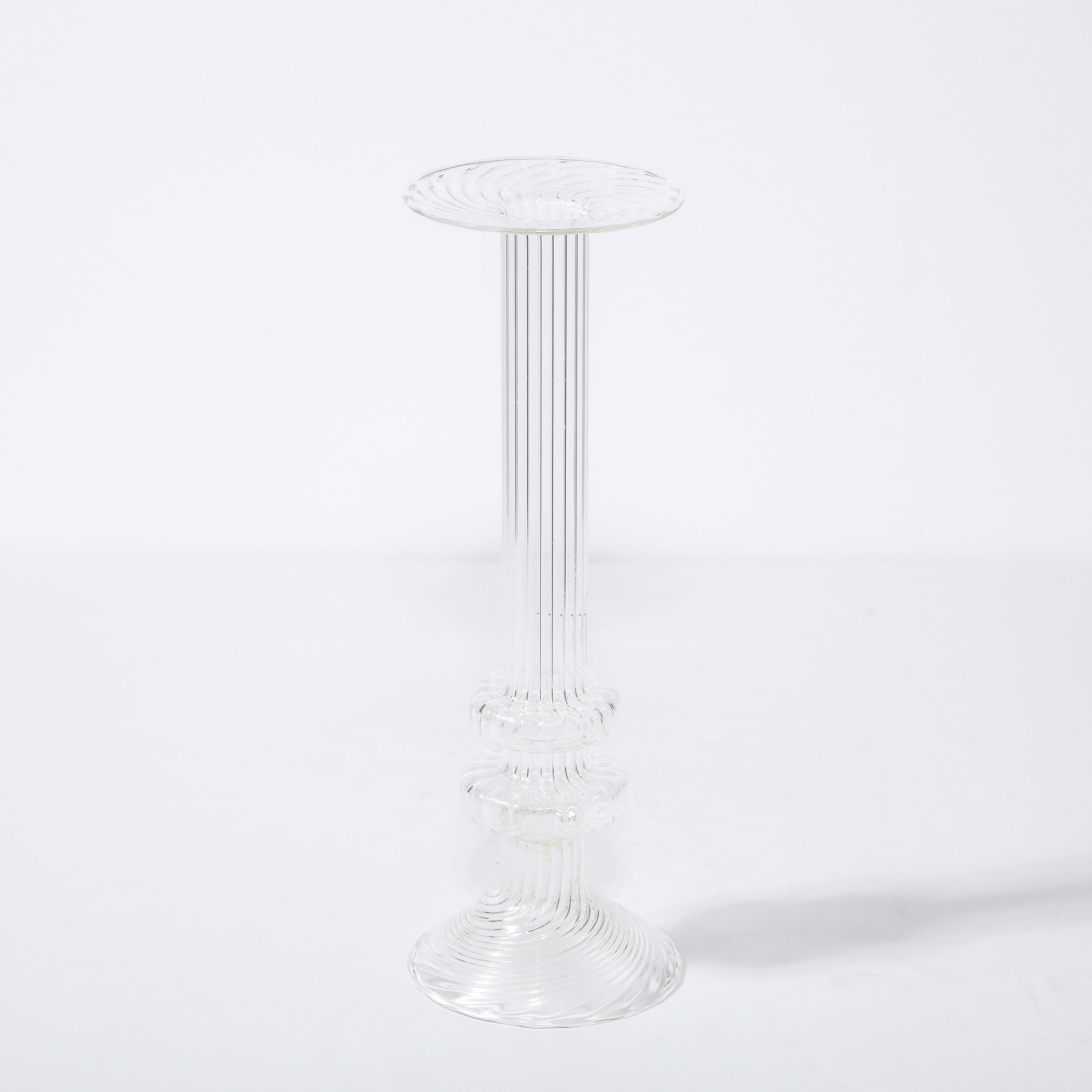 Swedish Mid-Century Modern Sculptural Translucent Channeled Glass Candlestick For Sale 2