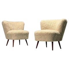 Swedish Mid-Century Modern, Shearling Slipper Chairs, Beige Sheepskin, Beech