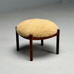 Swedish Mid-Century Modern, Shearling Stool, Honey Sheepskin, Wood, 1960s