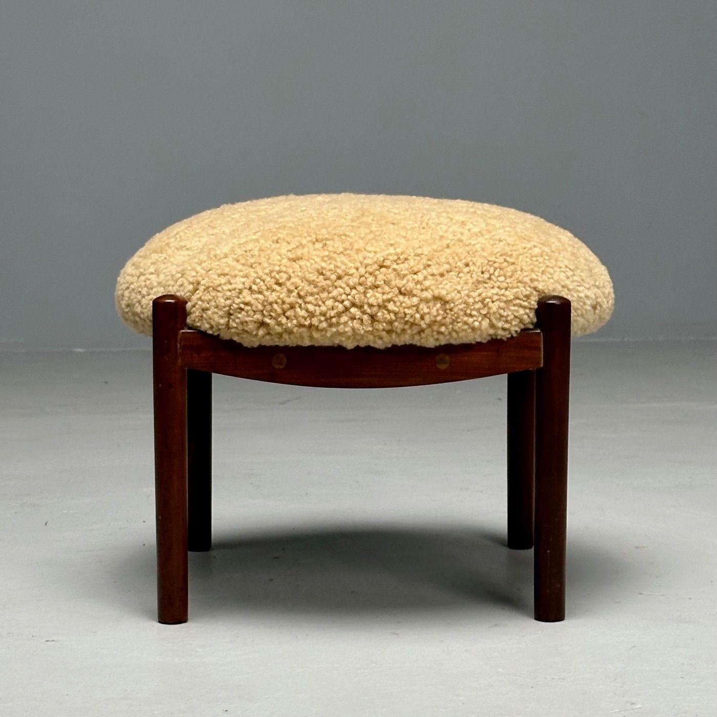 Swedish Mid-Century Modern, Shearling Stool, Honey Sheepskin, Wood, 1960s In Good Condition In Manhasset, NY