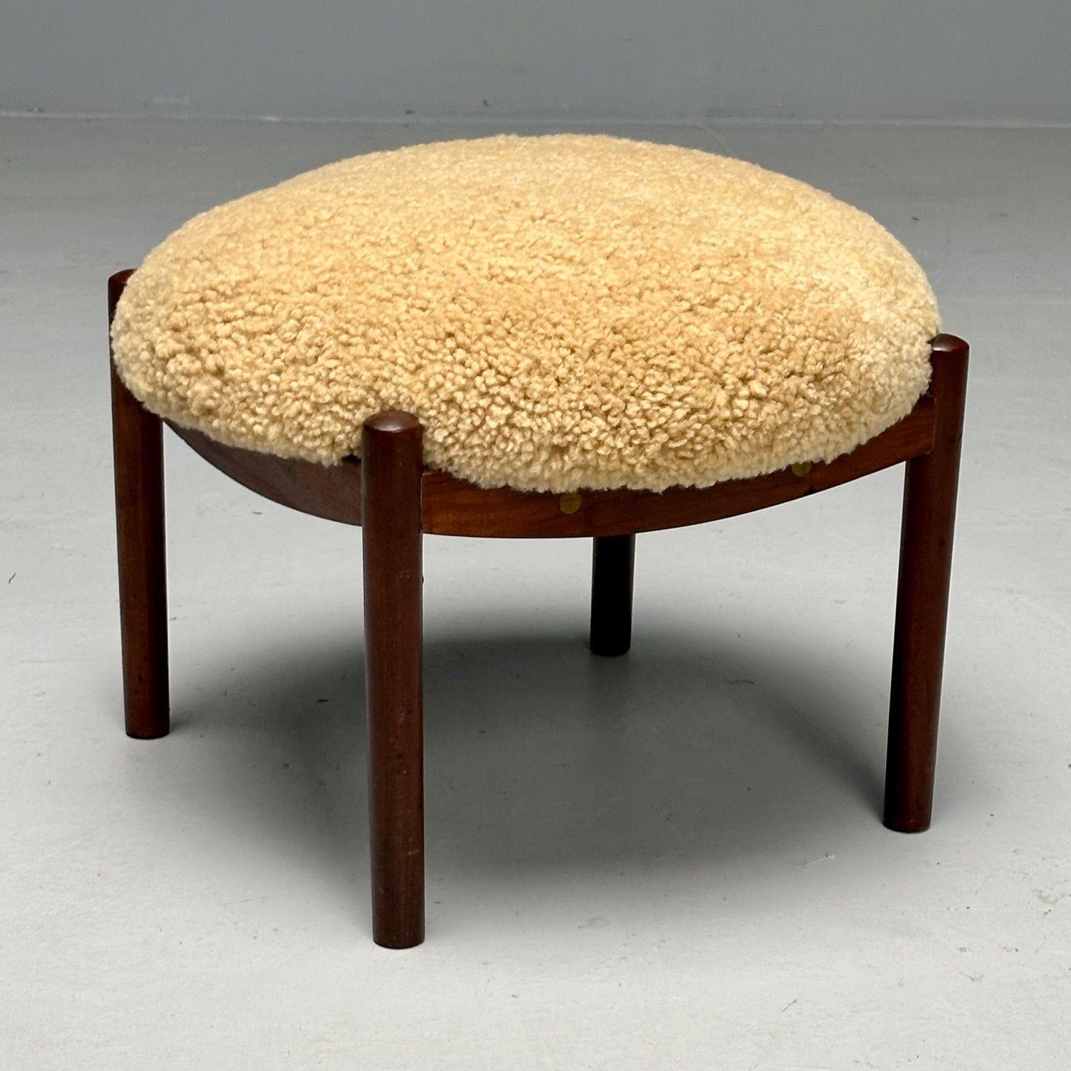 Mid-20th Century Swedish Mid-Century Modern, Shearling Stool, Honey Sheepskin, Wood, 1960s