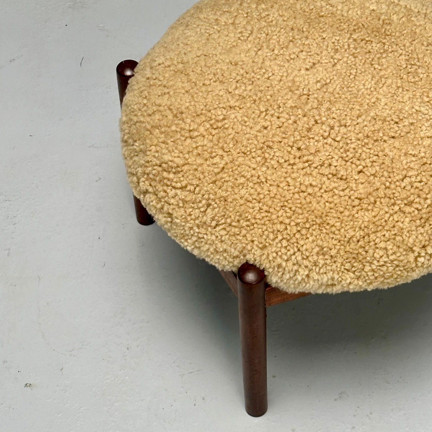 Swedish Mid-Century Modern, Shearling Stool, Honey Sheepskin, Wood, 1960s 1
