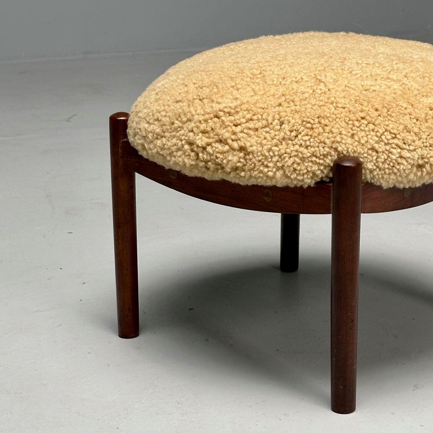 Swedish Mid-Century Modern, Shearling Stool, Honey Sheepskin, Wood, 1960s 3