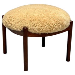 Swedish Mid-Century Modern, Shearling Stool, Honey Sheepskin, Wood, 1960s