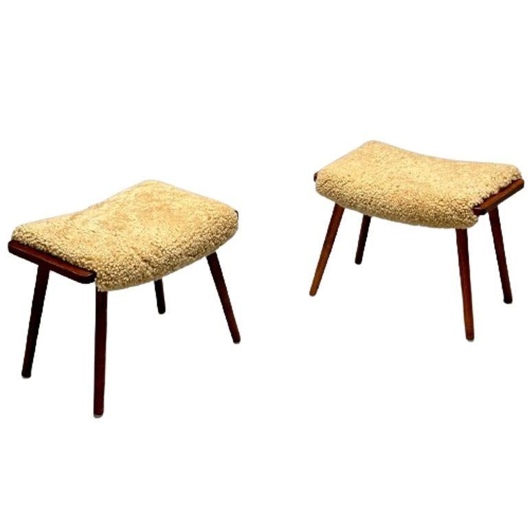 Swedish Mid-Century Modern, Stools, Honey Sheepskin, Walnut, Sweden, 1970s