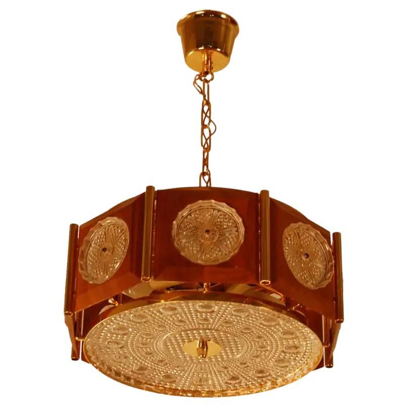 Swedish Mid-Century Modern Teak and Art Glass Pendant Chandelier For Sale