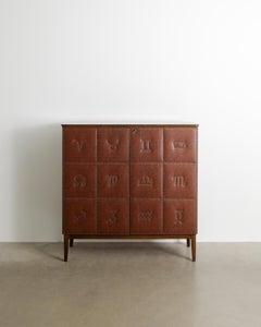 Swedish Mid Century Modern Wooden & Brown Leather Cabinet Attr. to Otto Schulz