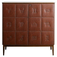 Swedish Mid Century Modern Wooden & Brown Leather Cabinet Attr. to Otto Schulz