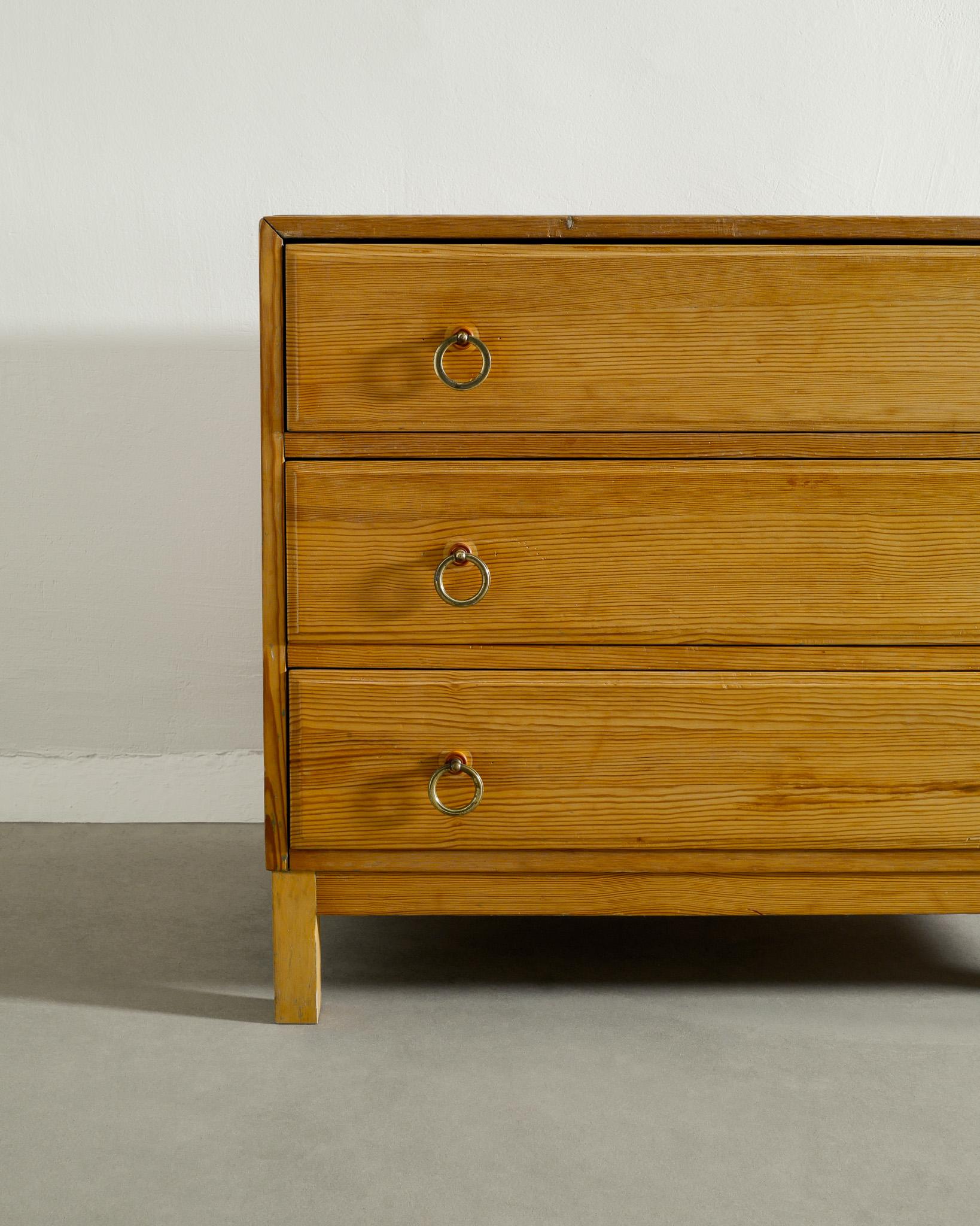Brass Swedish Mid Century Modern Wooden Chest of Drawers in Pine Produced, 1940s  For Sale