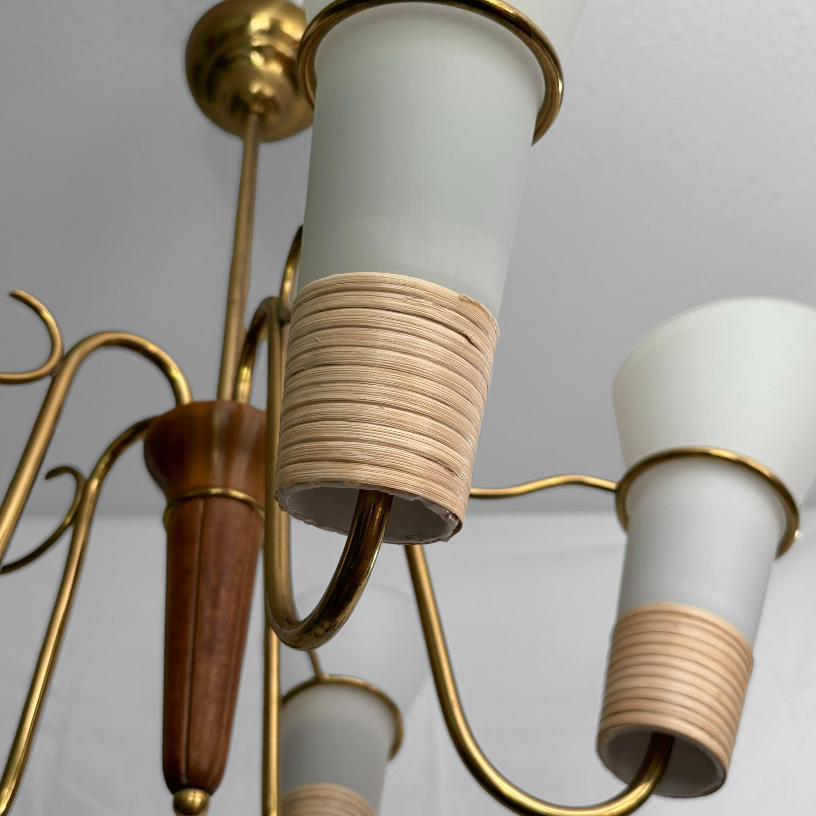 Swedish mid century modernist chandelier in brass, birch and glass, 1940s For Sale 4