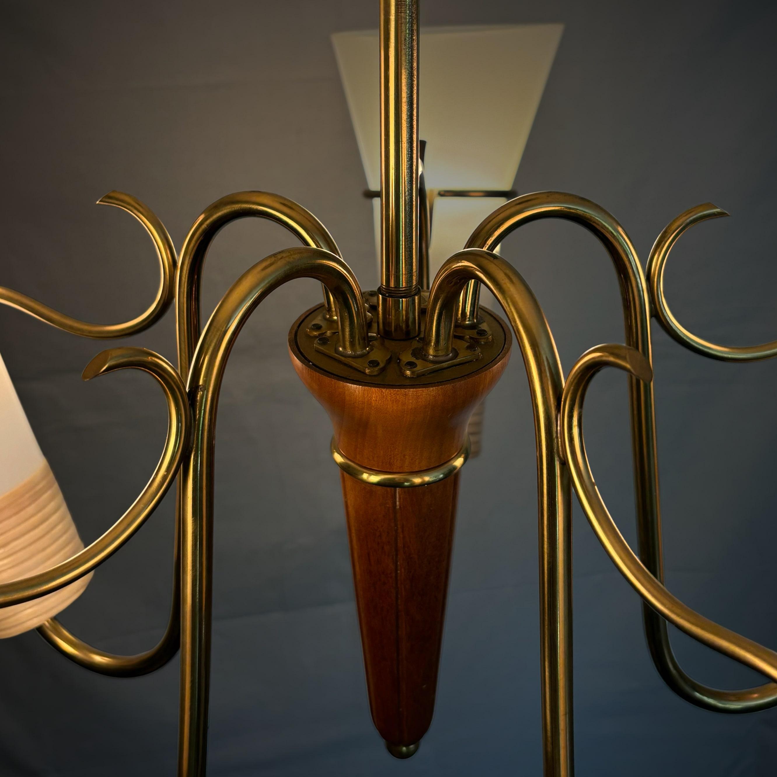 Swedish mid century modernist chandelier in brass, birch and glass, 1940s For Sale 5