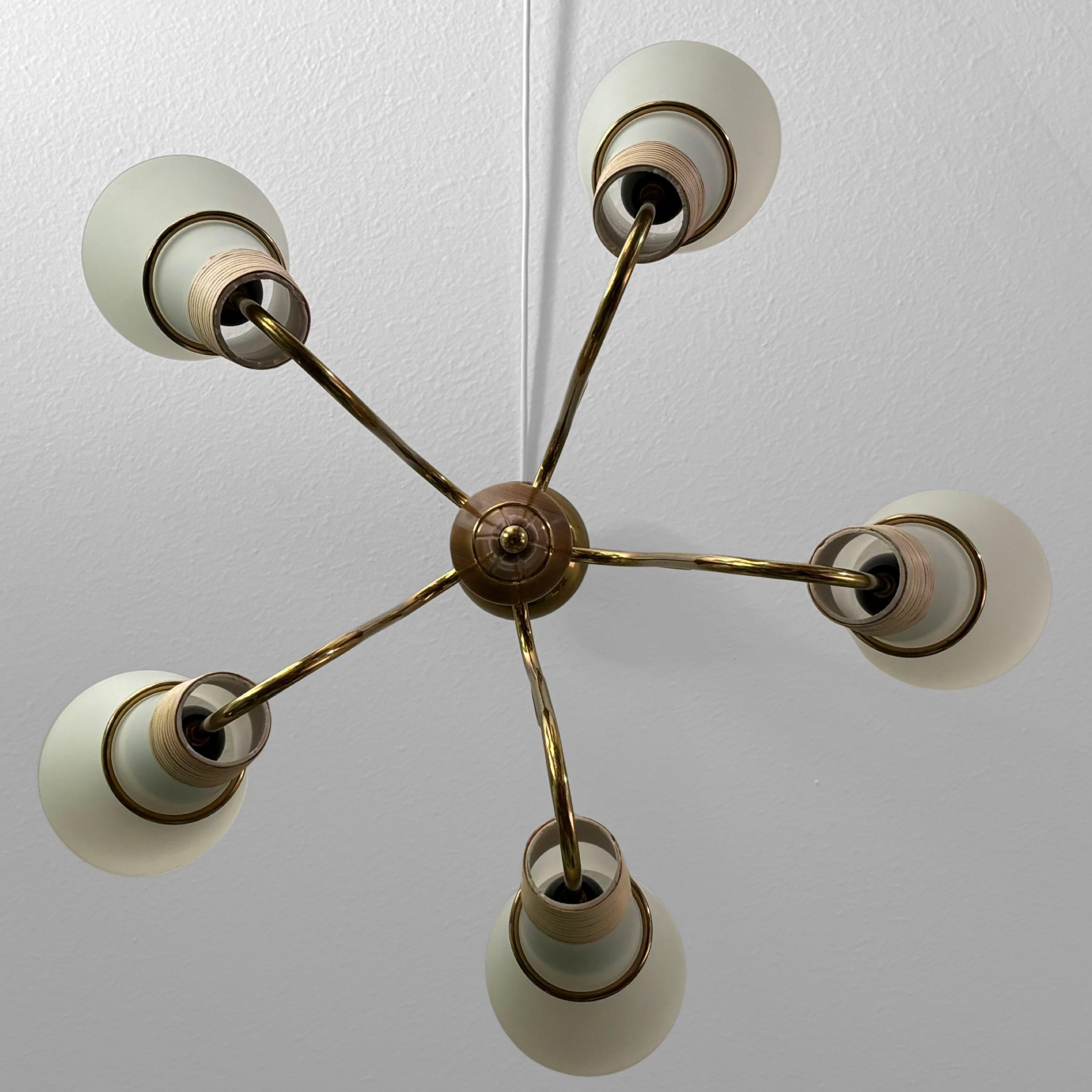 Swedish mid century modernist chandelier in brass, birch and glass, 1940s For Sale 6