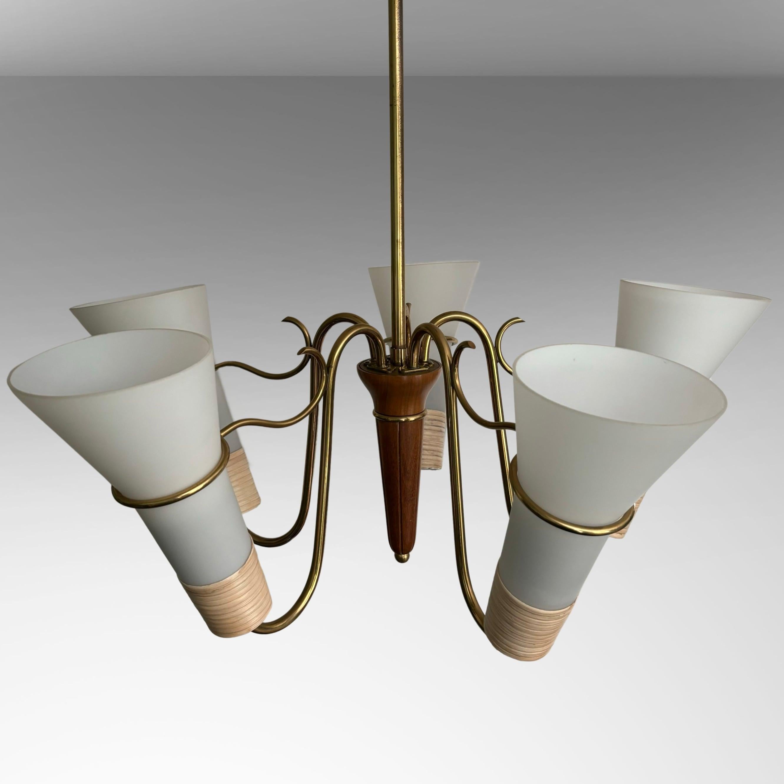 Brass Swedish mid century modernist chandelier in brass, birch and glass, 1940s For Sale