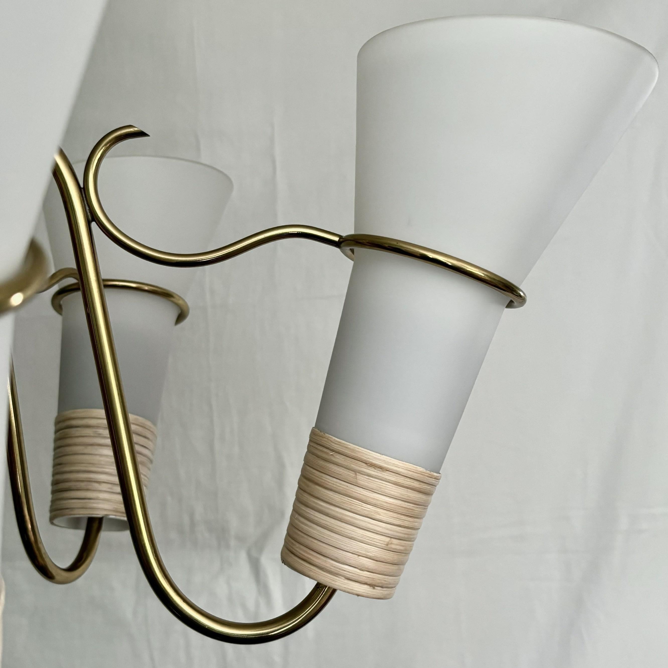 Swedish mid century modernist chandelier in brass, birch and glass, 1940s For Sale 1