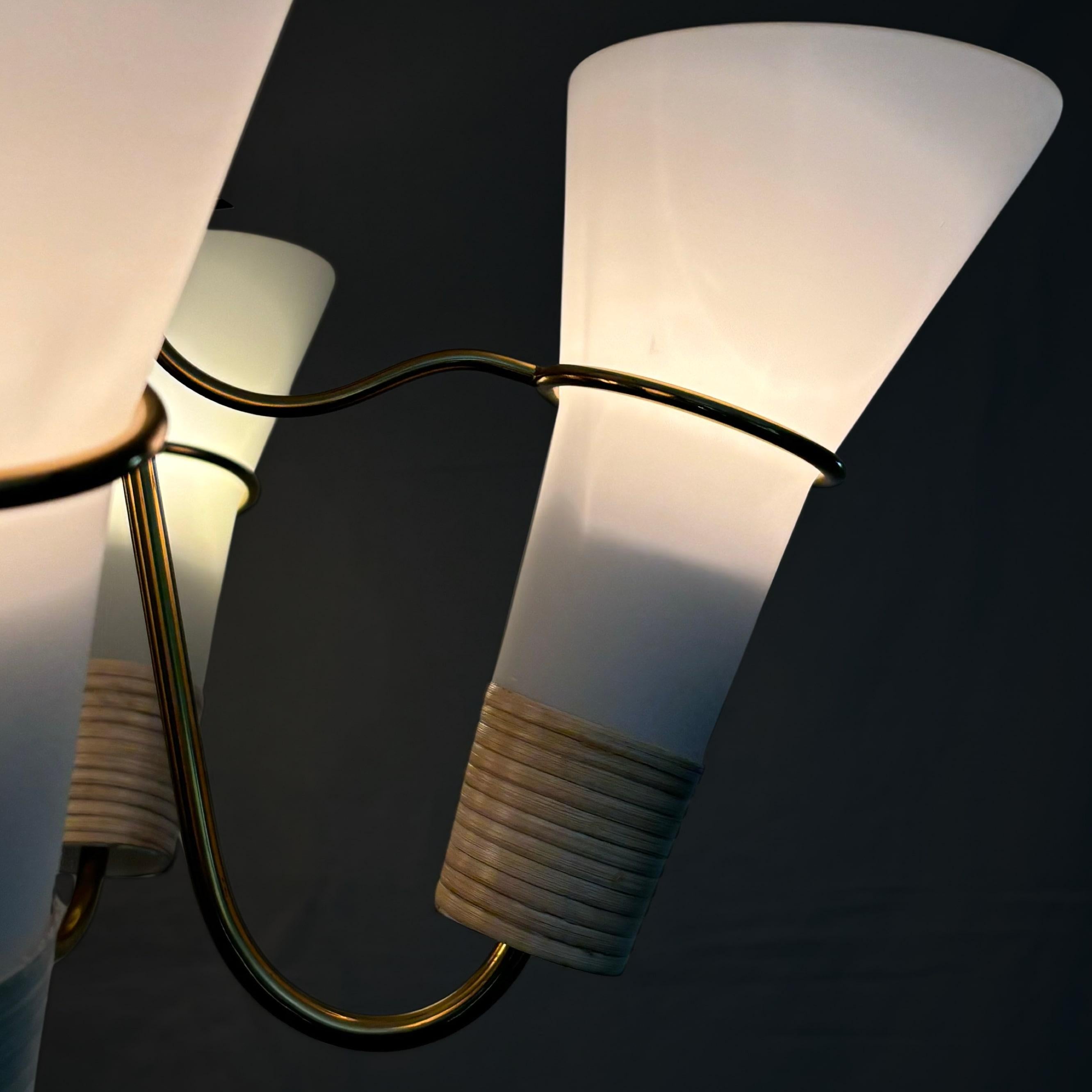 Swedish mid century modernist chandelier in brass, birch and glass, 1940s For Sale 2