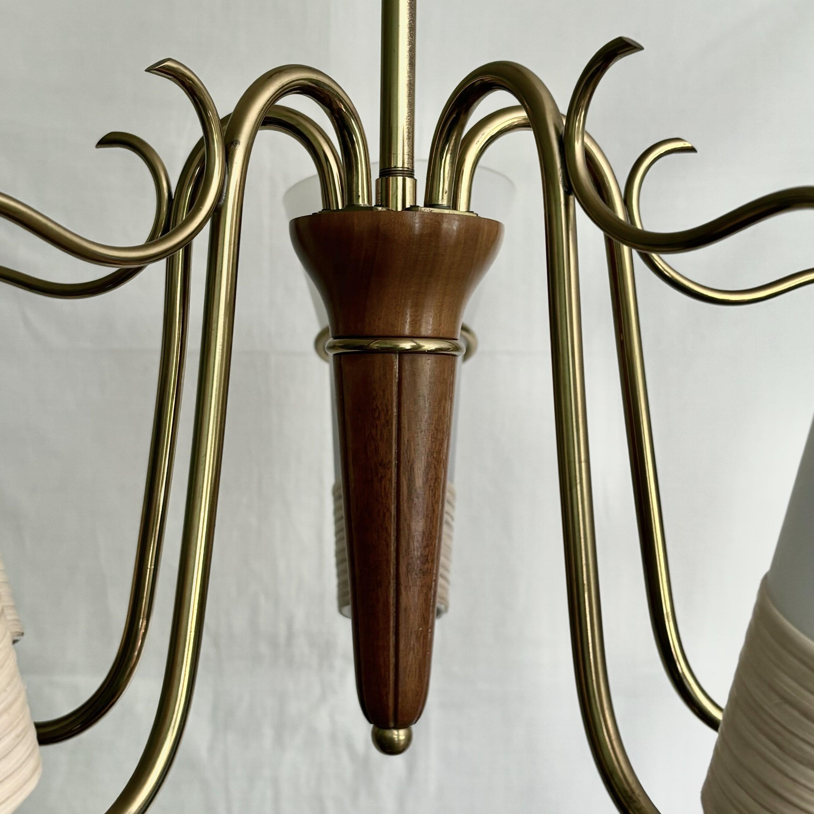 Swedish mid century modernist chandelier in brass, birch and glass, 1940s For Sale 3