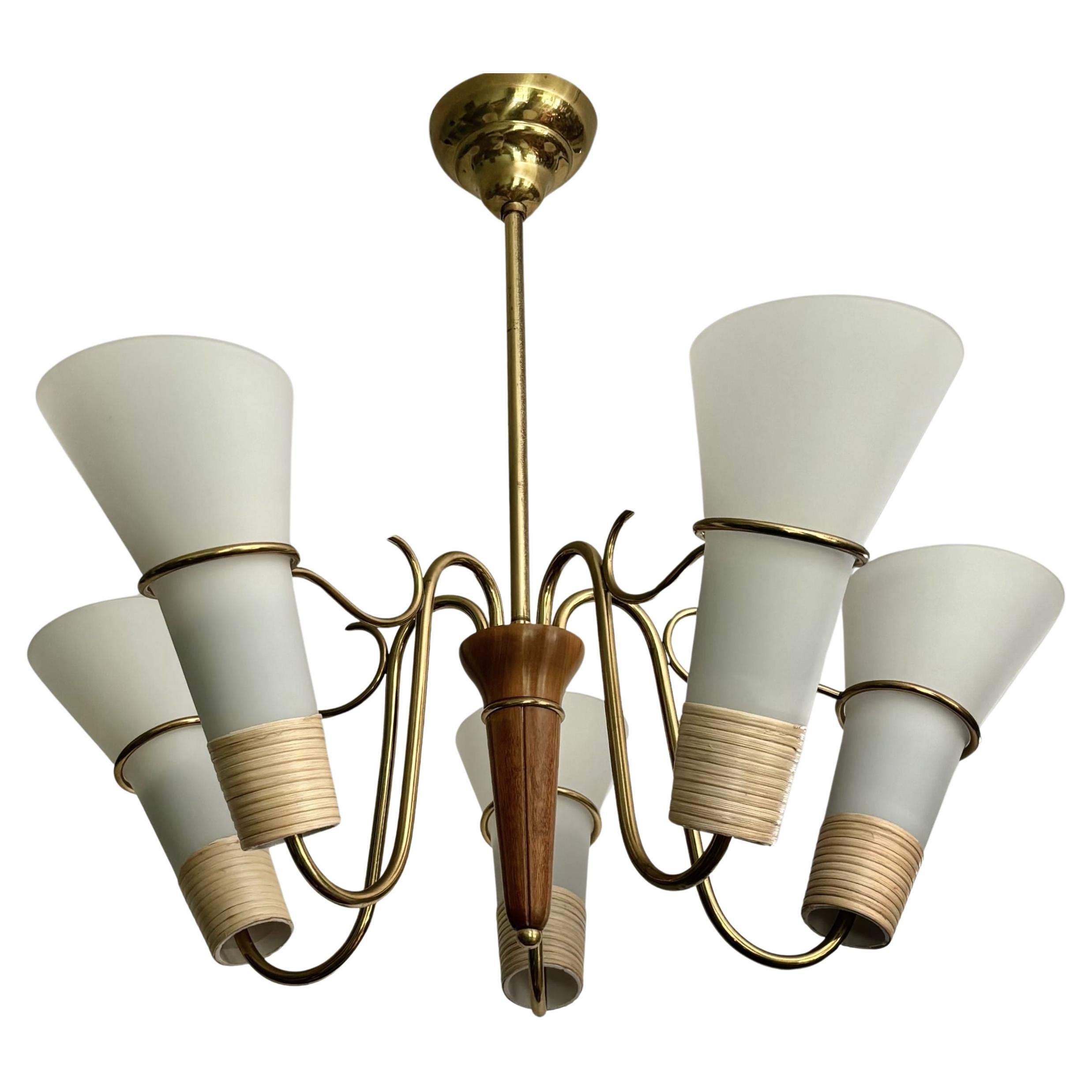 Swedish mid century modernist chandelier in brass, birch and glass, 1940s For Sale