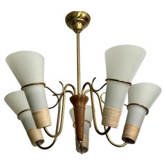 Swedish mid century modernist chandelier in brass, birch and glass, 1940s