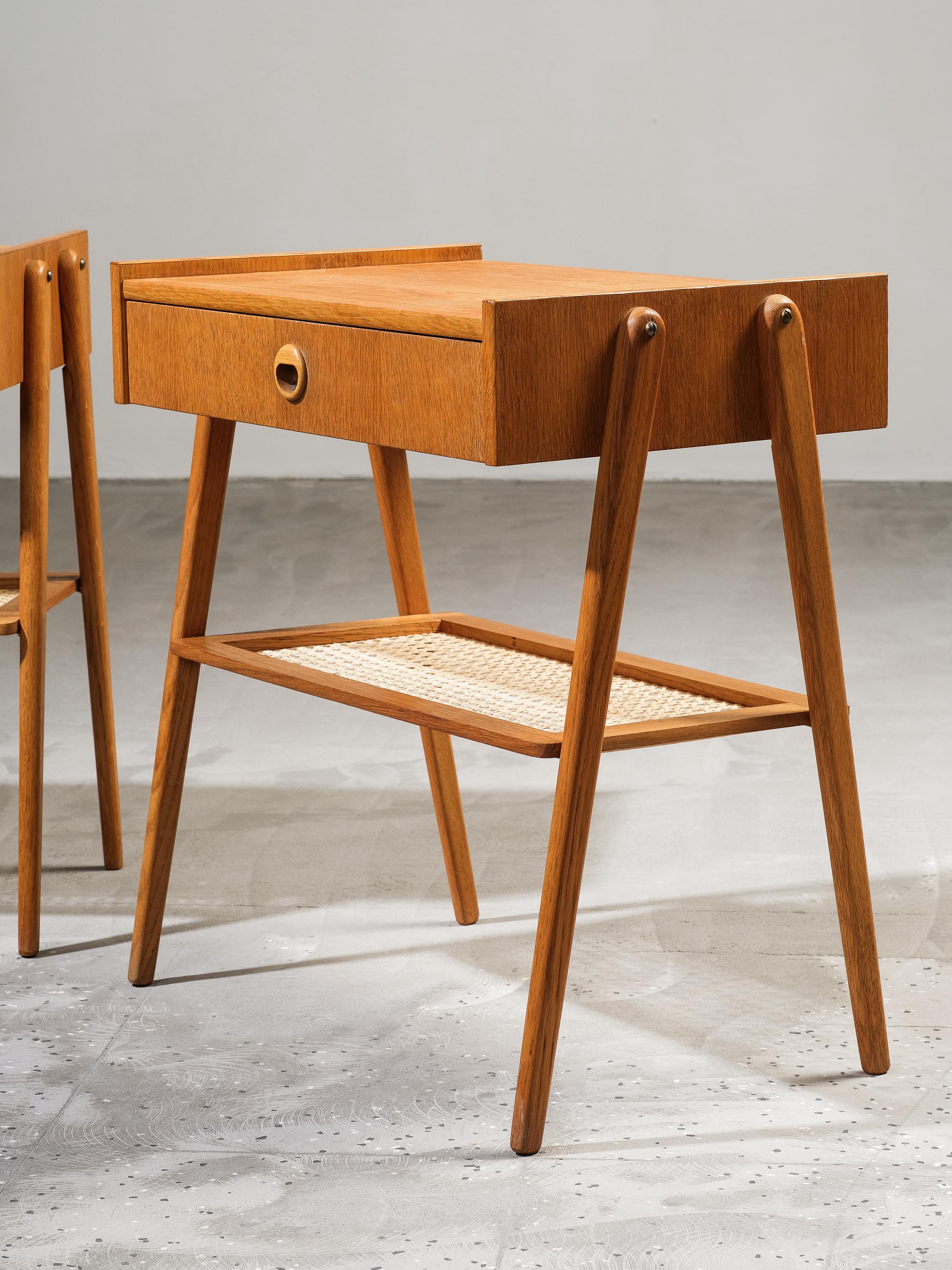 Swedish Mid-Century Oak & Rattan Bedside Tables, 1960s, Set of 2 8