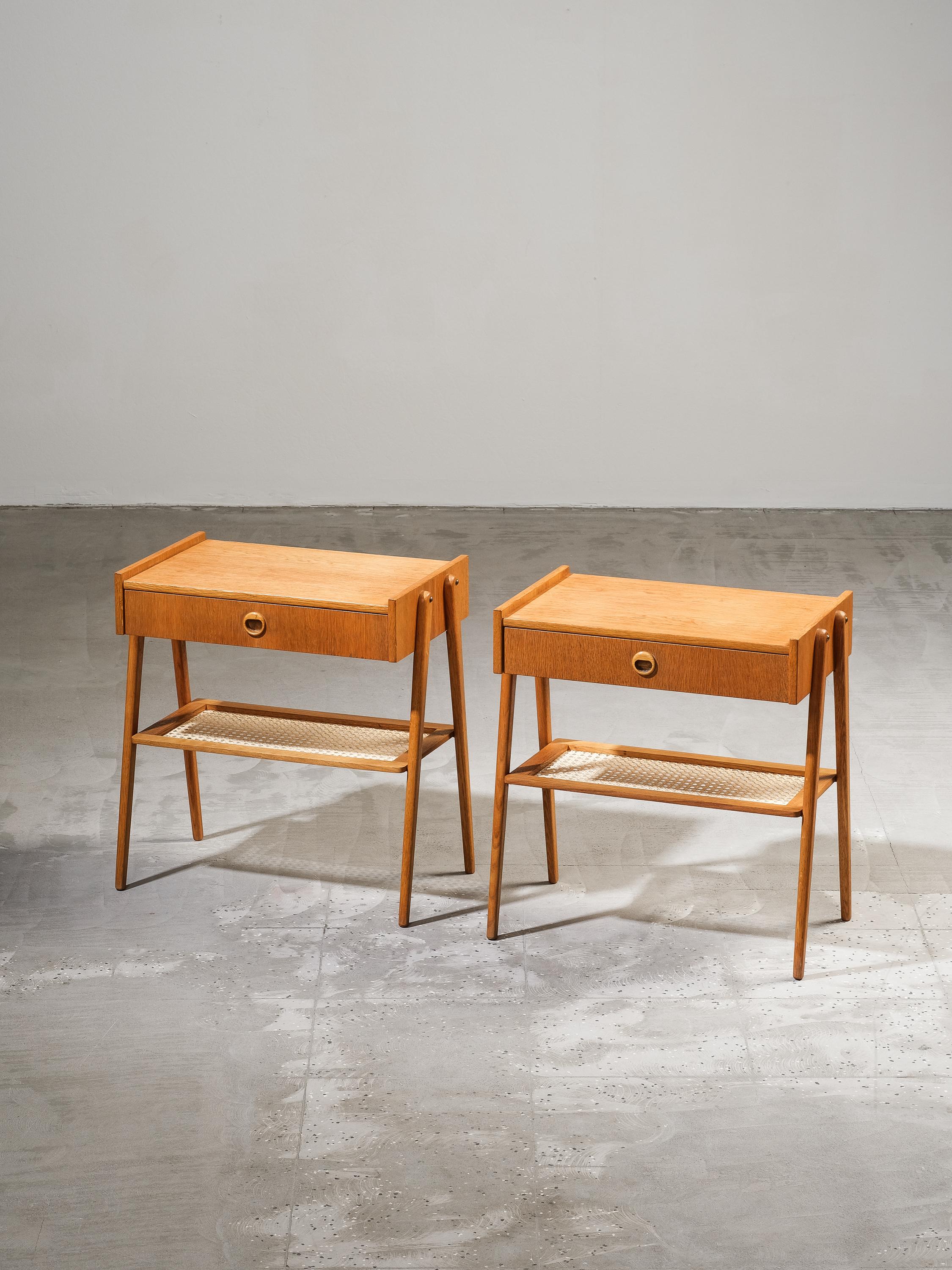 Scandinavian Modern Swedish Mid-Century Oak & Rattan Bedside Tables, 1960s, Set of 2