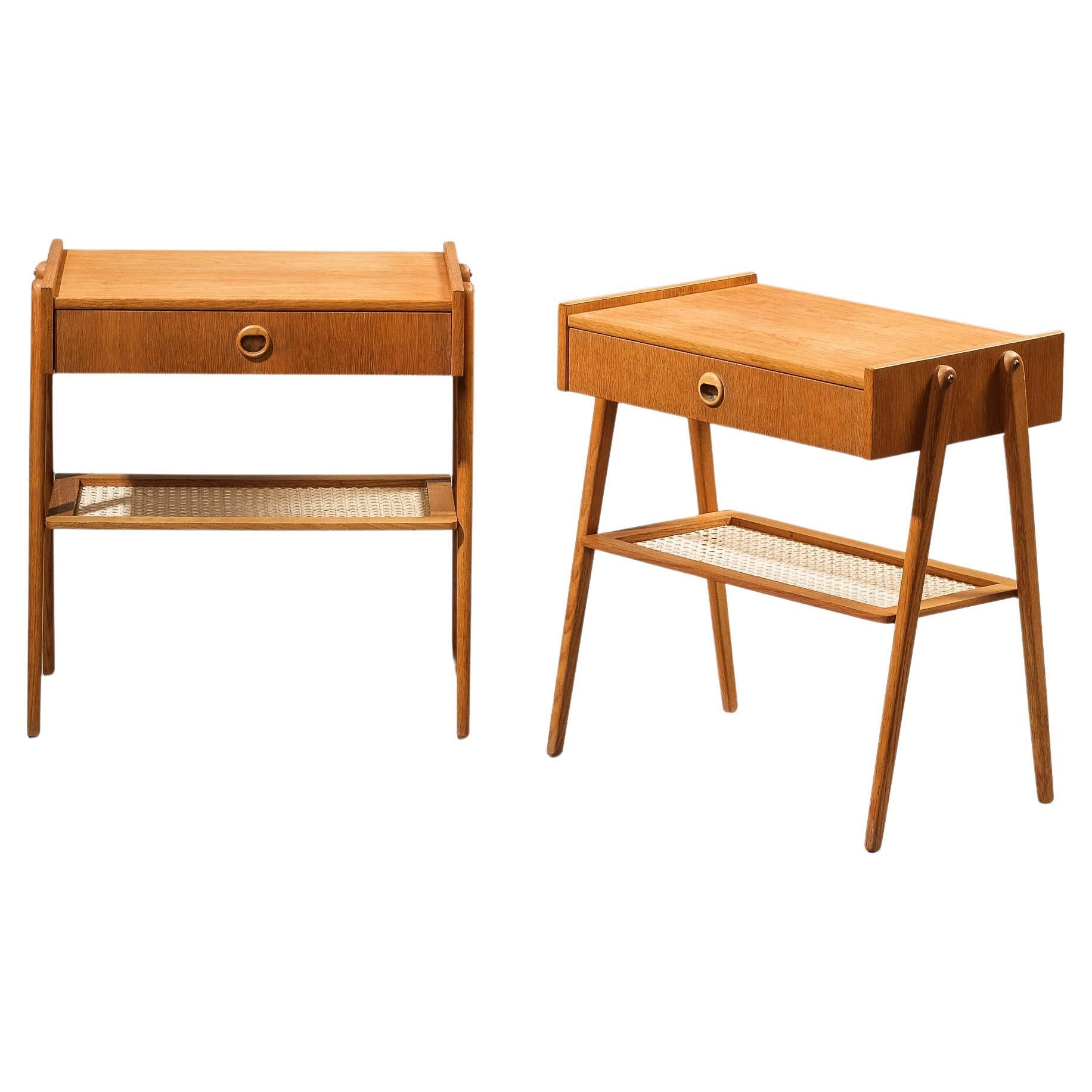 Swedish Mid-Century Oak & Rattan Bedside Tables, 1960s, Set of 2