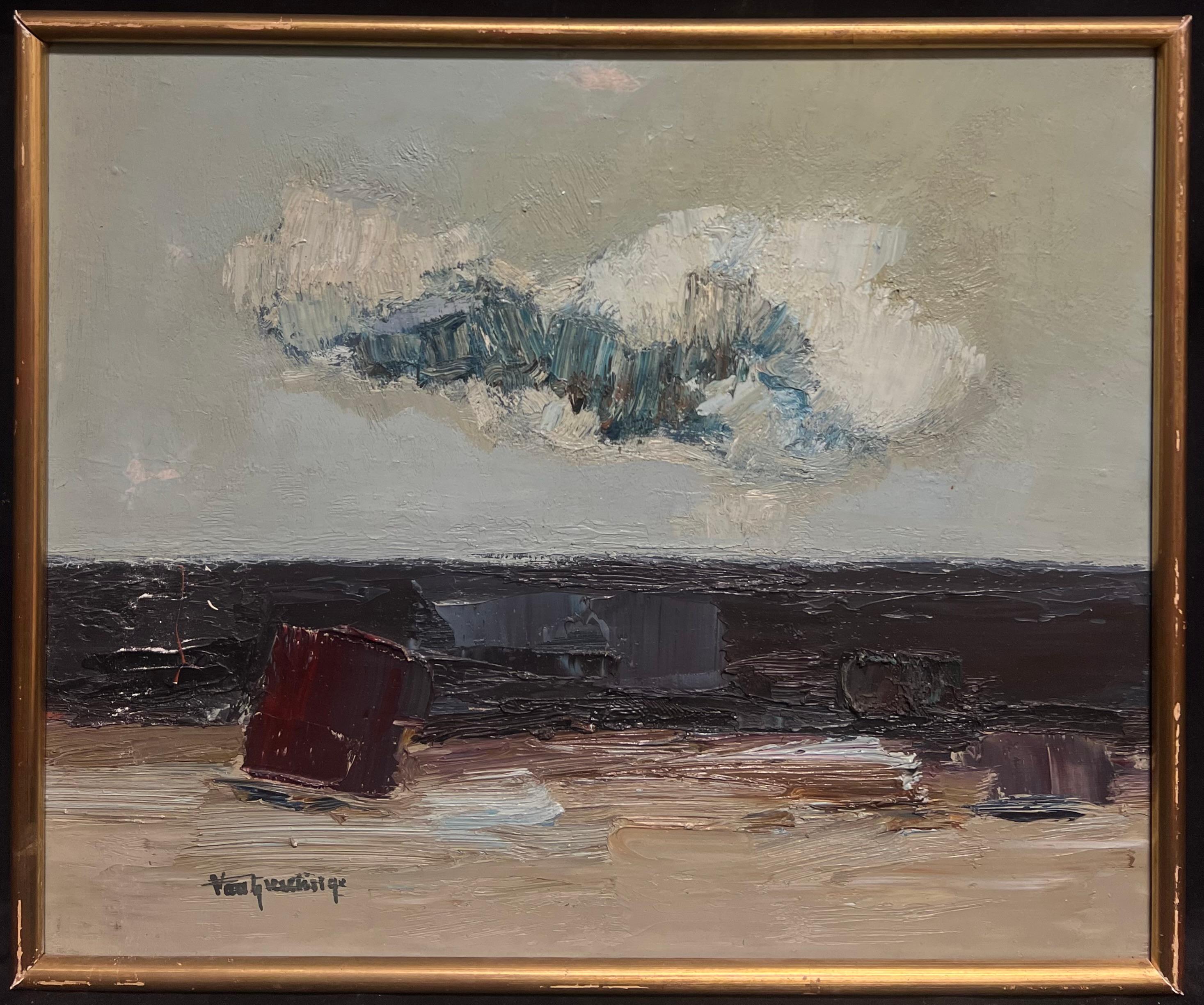 Pittura ad olio firmata di metà secolo, astratta e drammatica, con nuvole e texture - Painting di Swedish Mid Century