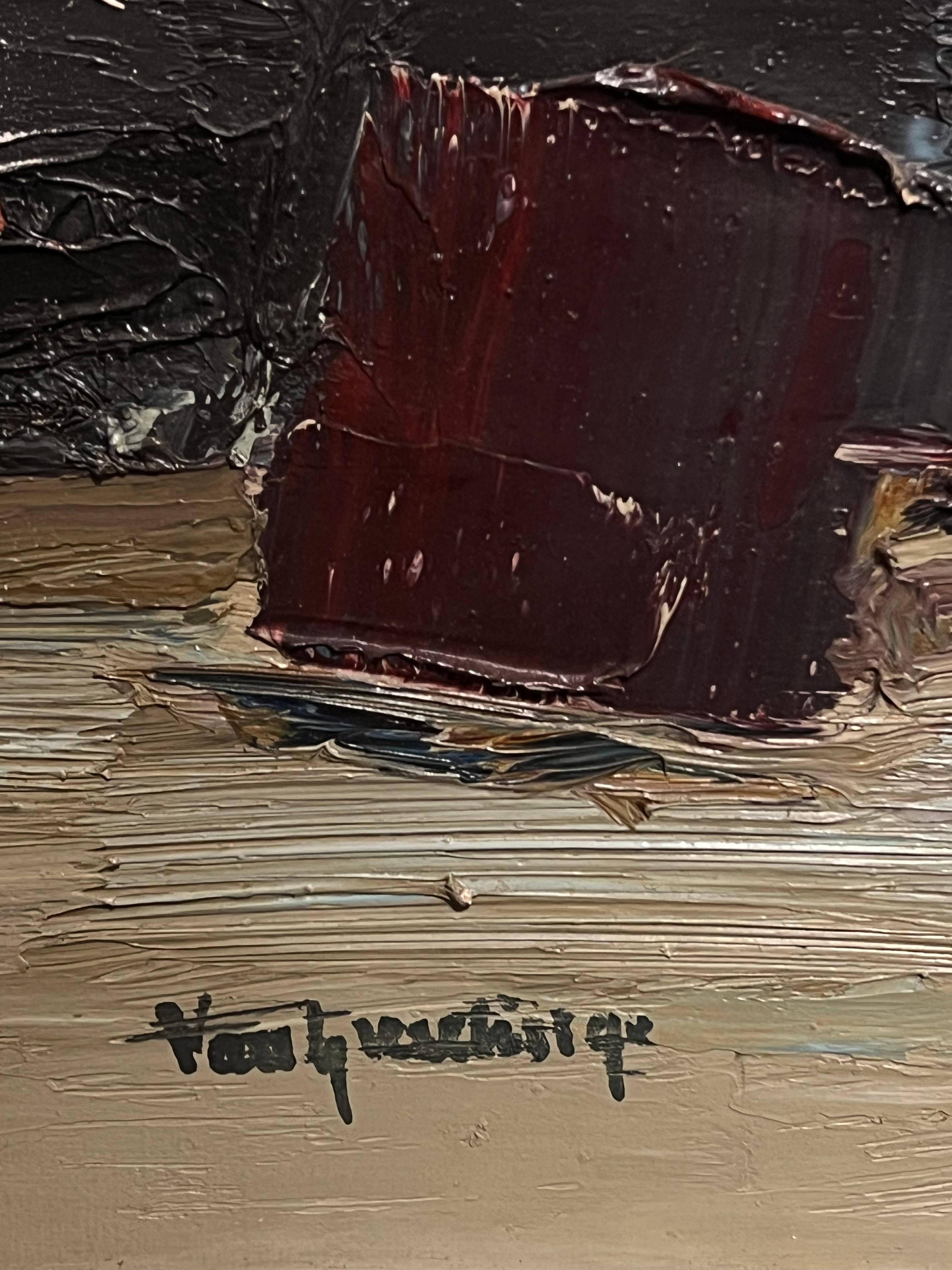 Pittura ad olio firmata di metà secolo, astratta e drammatica, con nuvole e texture in vendita 1
