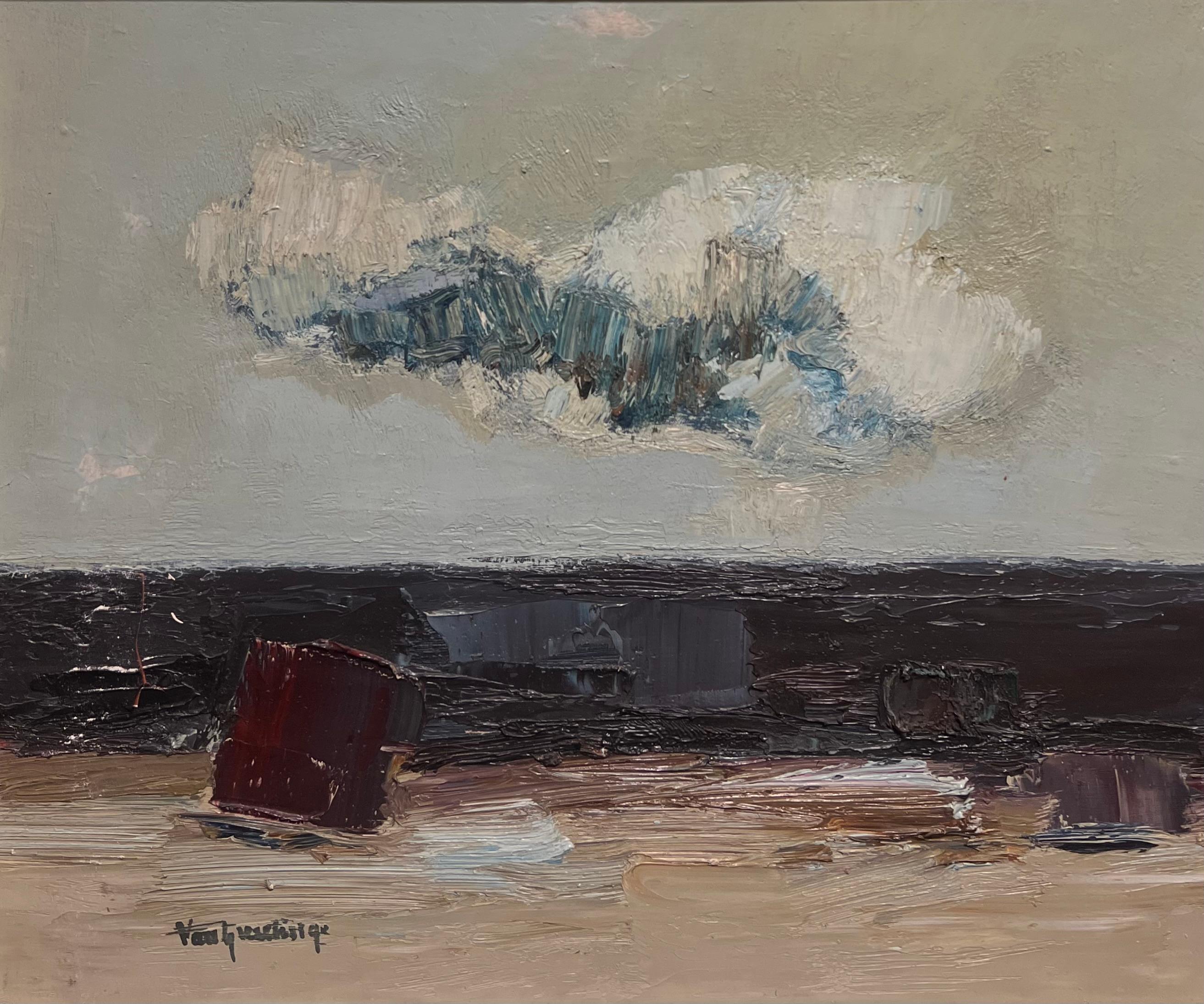 Abstract Painting di Swedish Mid Century - Pittura ad olio firmata di metà secolo, astratta e drammatica, con nuvole e texture
