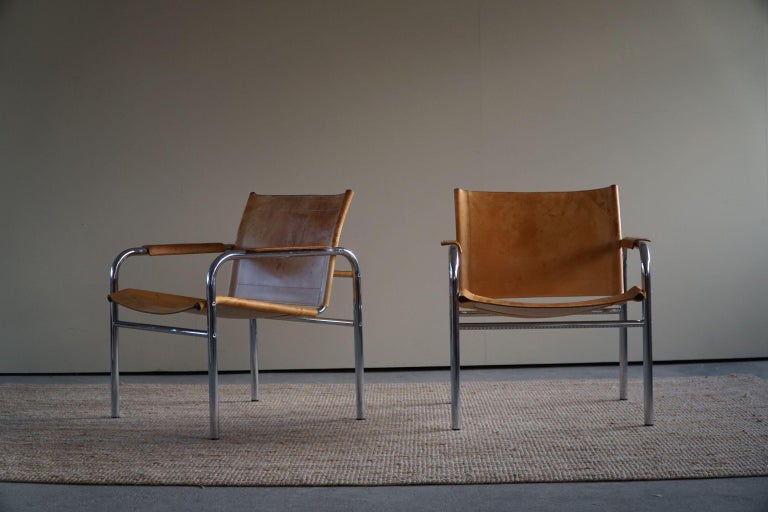 Leather Swedish Mid Century Pair of Lounge Chairs by Tord Björklund, Model Klinte, 1970s For Sale