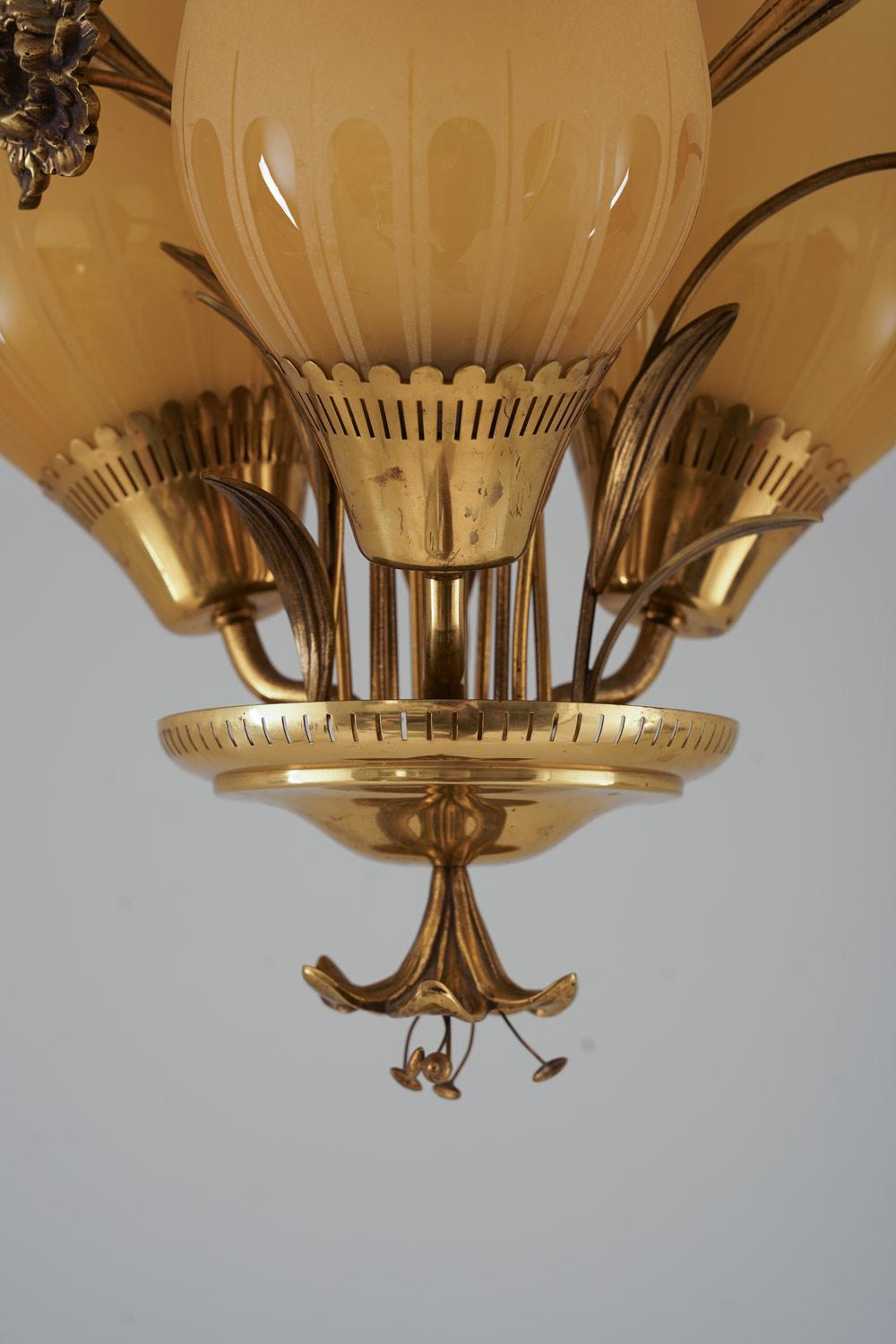 Scandinavian Modern Swedish Mid Century Pendant Brass and Glass by Bröderna Malmström For Sale