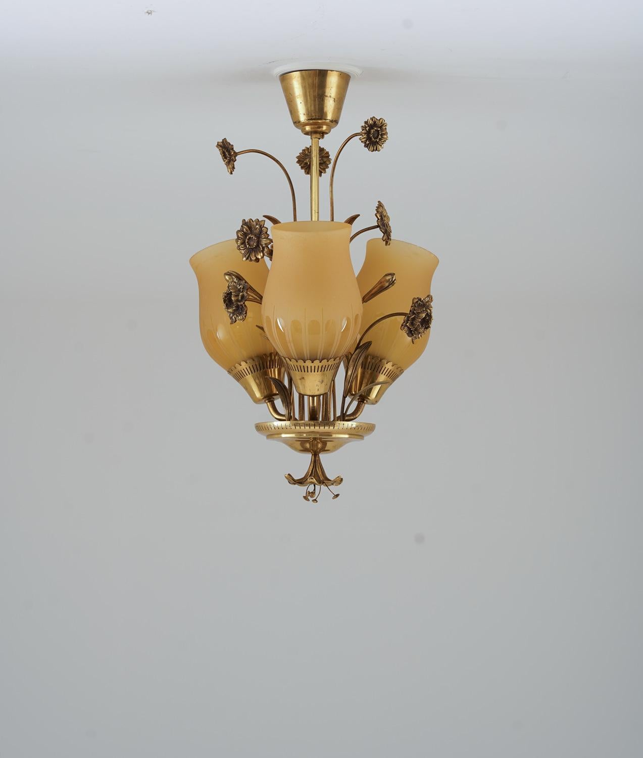 Swedish Mid Century Pendant Brass and Glass by Bröderna Malmström For Sale 1