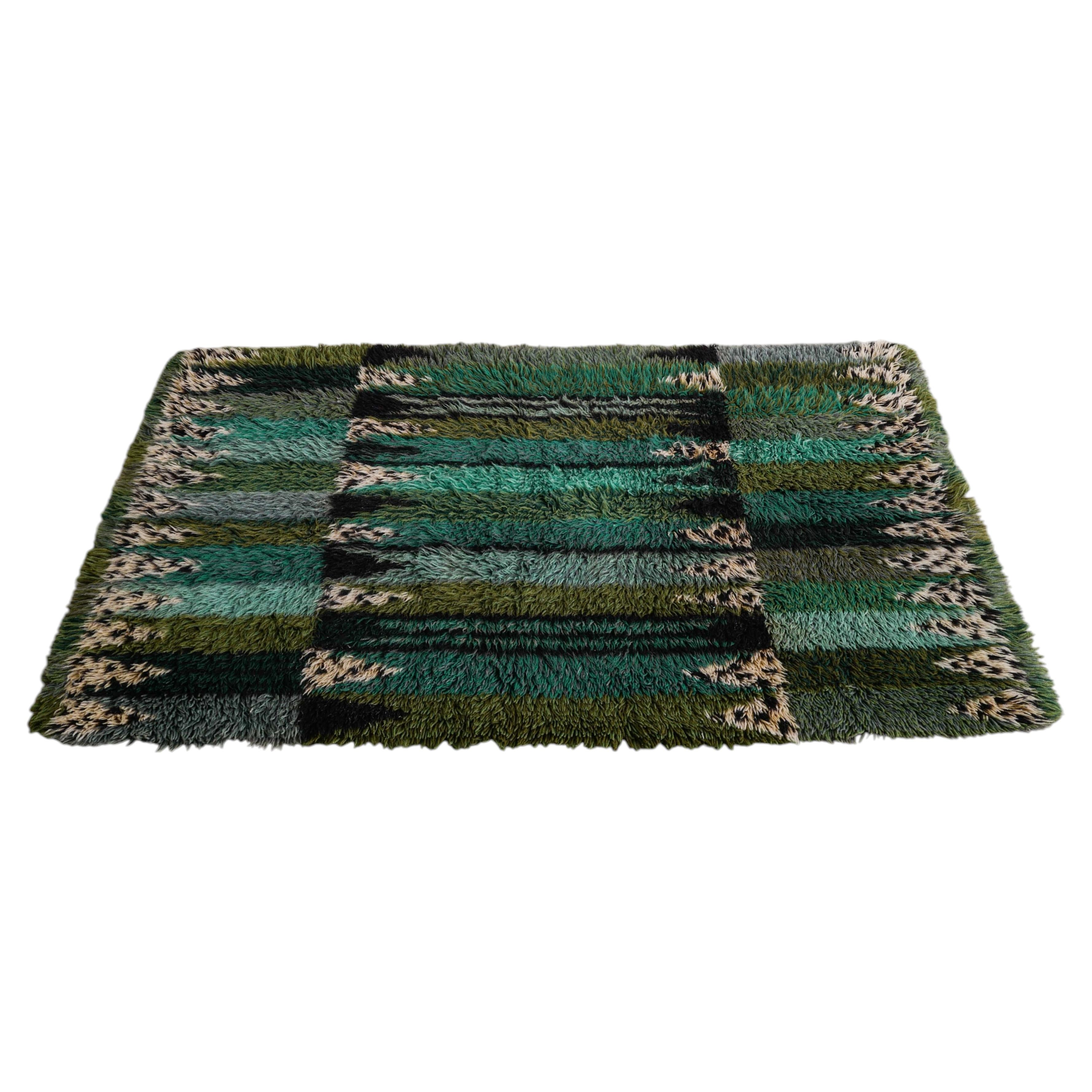 Swedish Mid Century Pile Rug by Marianne Richter in Green Wool Produced, 1940s