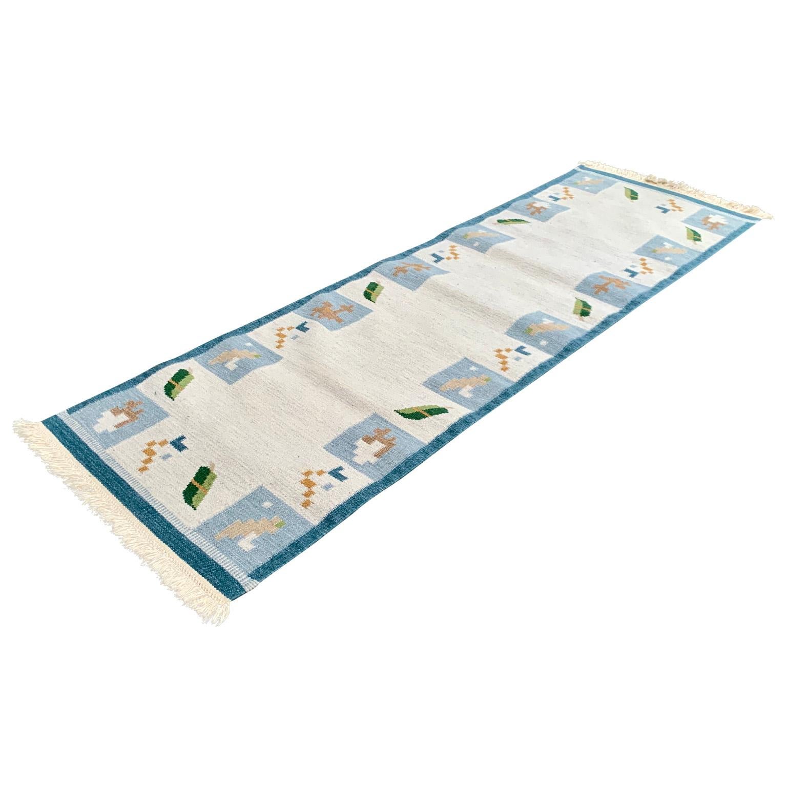 Scandinavian Modern Swedish Mid-Century Rölakan Handwoven Wool Runner Carpet For Sale