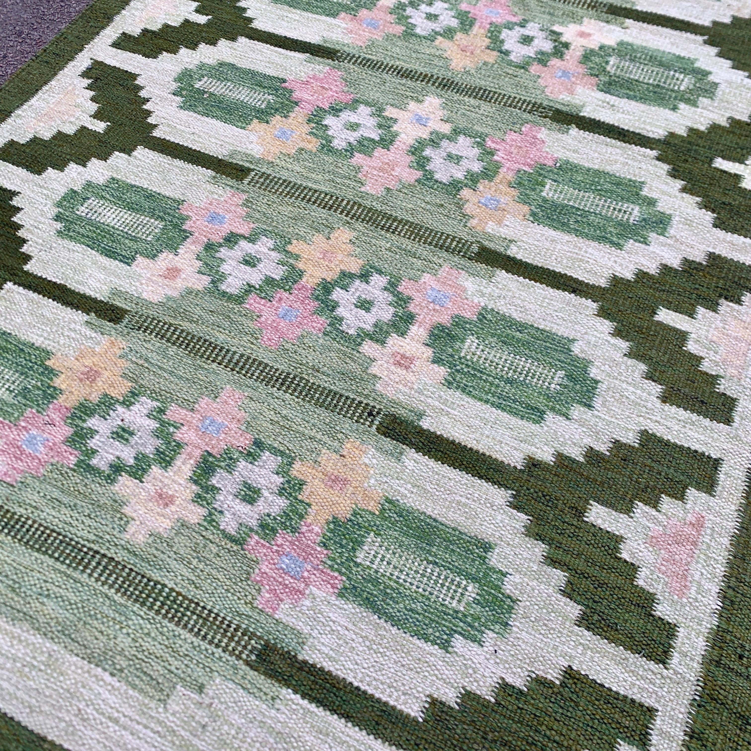 Scandinavian Modern Swedish Mid-Century Rölakan Signed Handwoven Wool Carpet For Sale